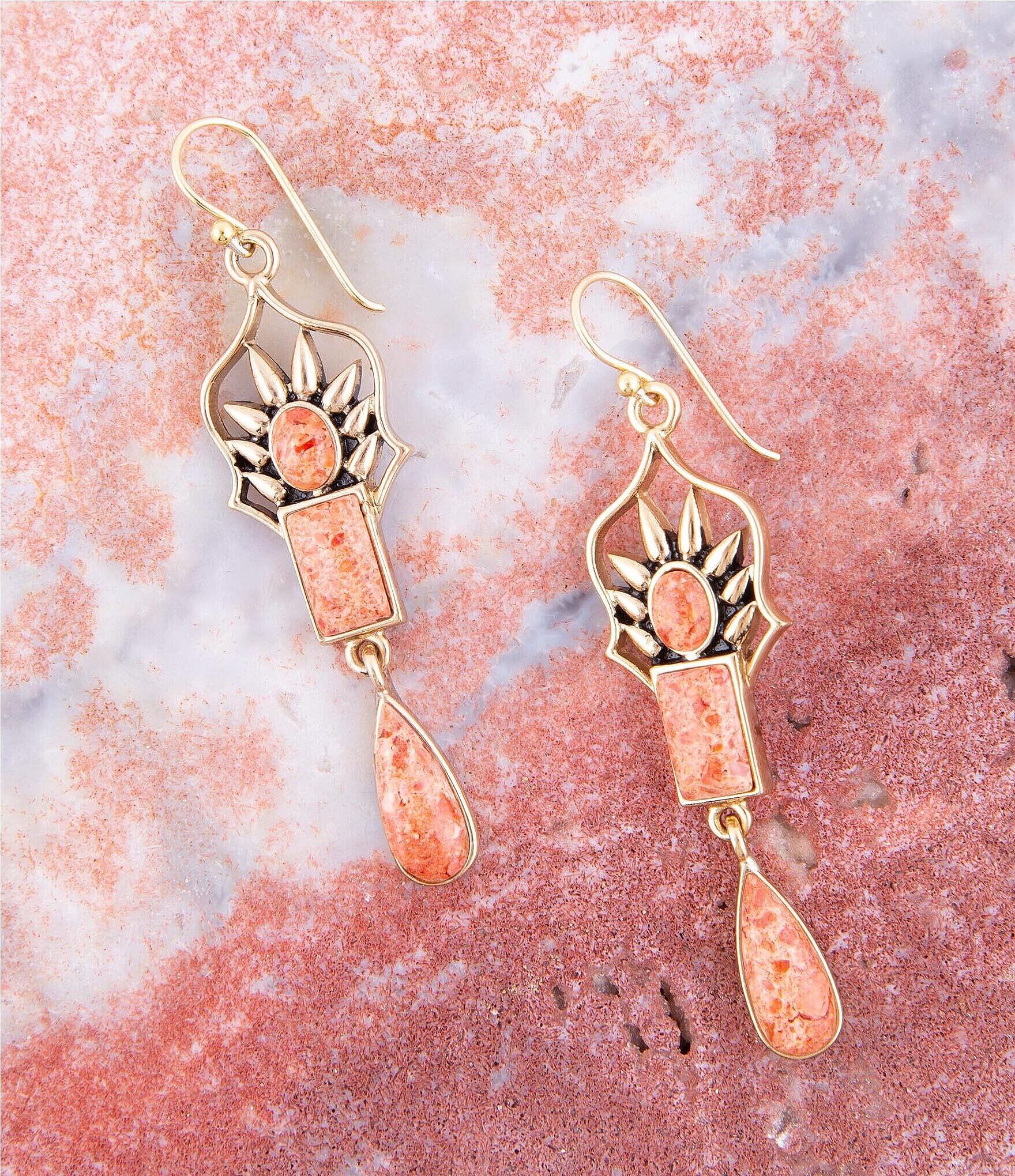 Barse Bronze and Genuine Orange Sponge Coral Stone Linear Earrings