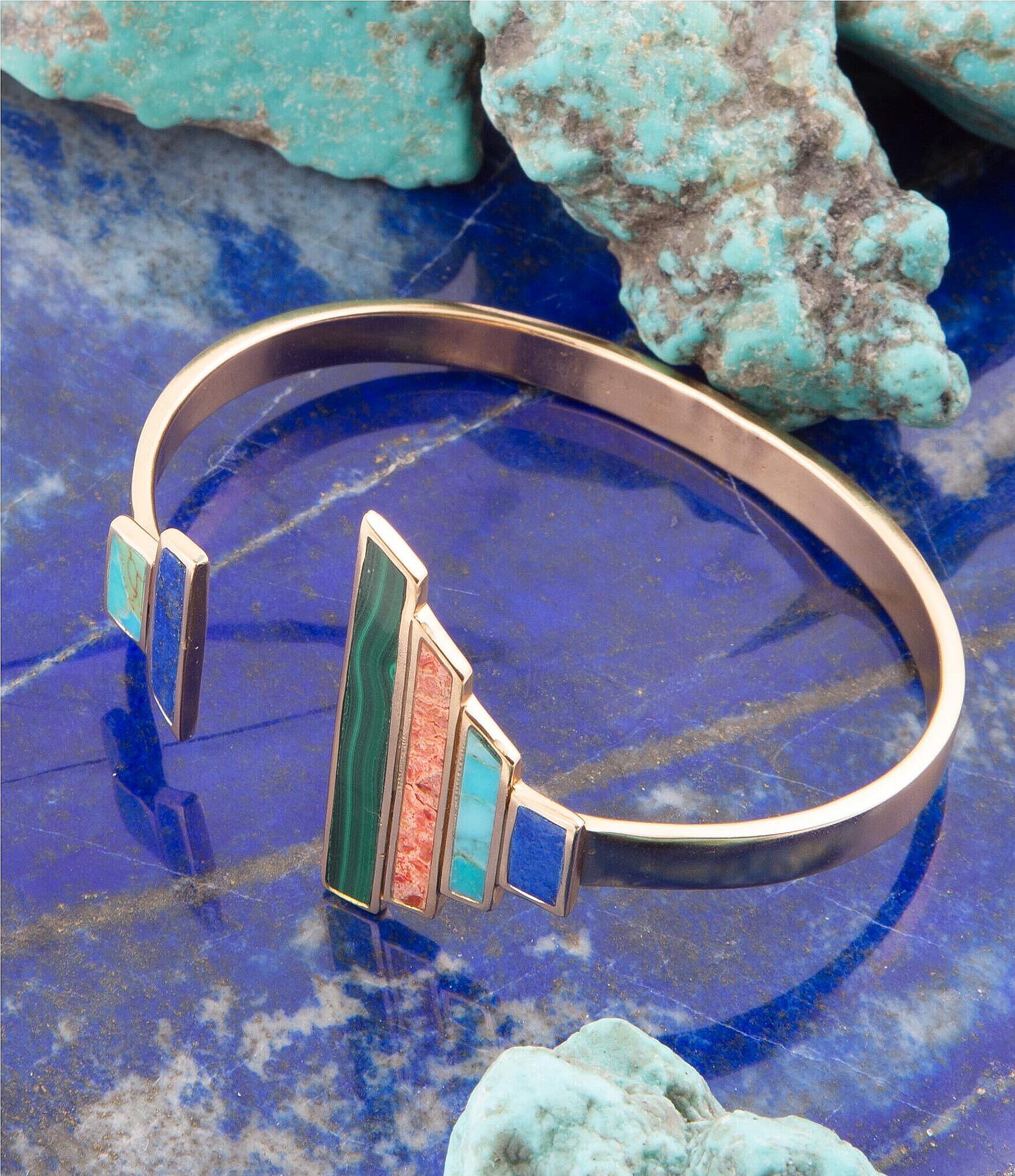 Barse Bronze and Genuine Stone Art Deco Cuff Bracelet