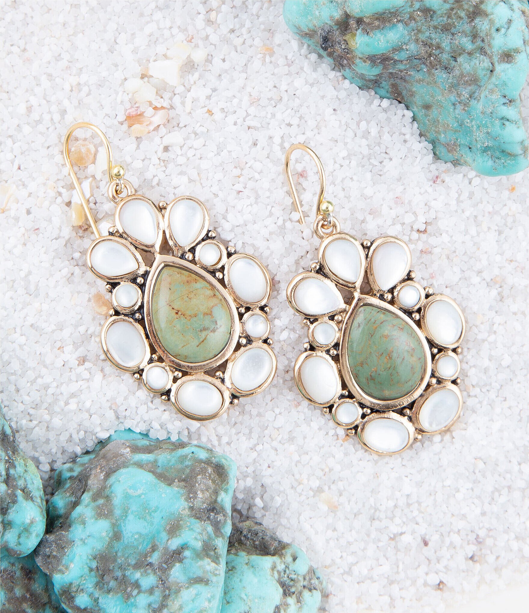 Barse Bronze and Genuine Stone Green Turquoise and Mother-of-Pearl Teardrop Drop Earrings