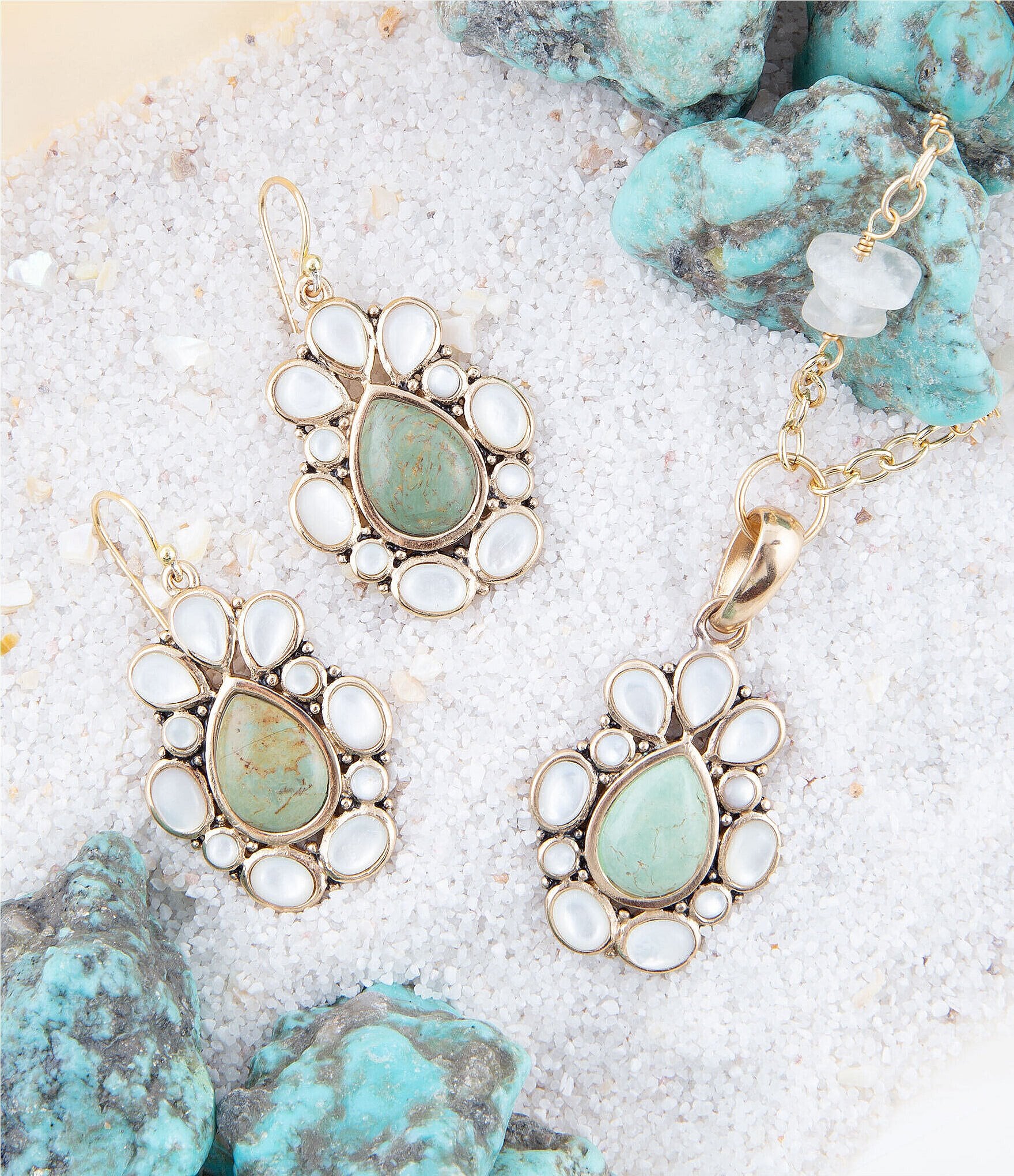 Barse Bronze and Genuine Stone Green Turquoise and Mother-of-Pearl Teardrop Drop Earrings