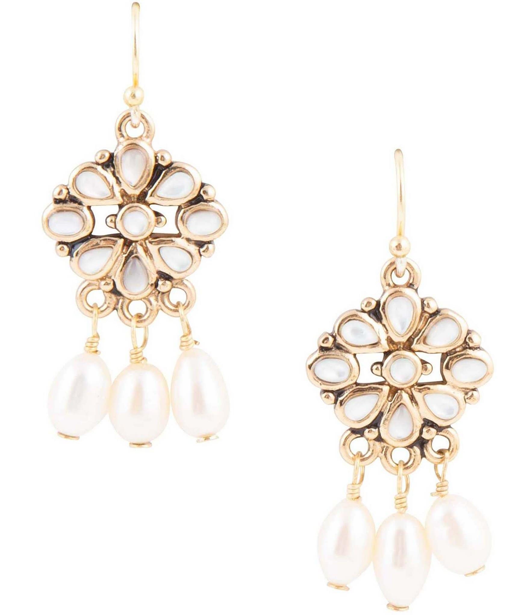 Barse Bronze and Genuine Stone Mother-of-Pearl Floral Chandelier Earrings