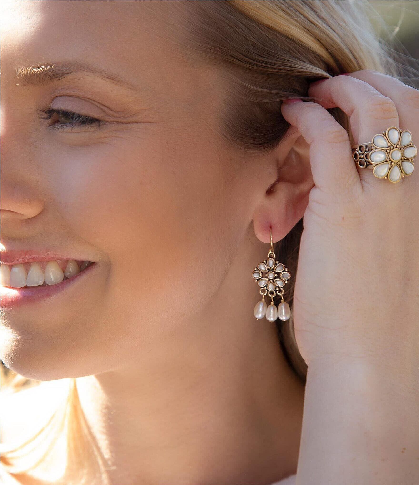 Barse Bronze and Genuine Stone Mother-of-Pearl Floral Chandelier Earrings