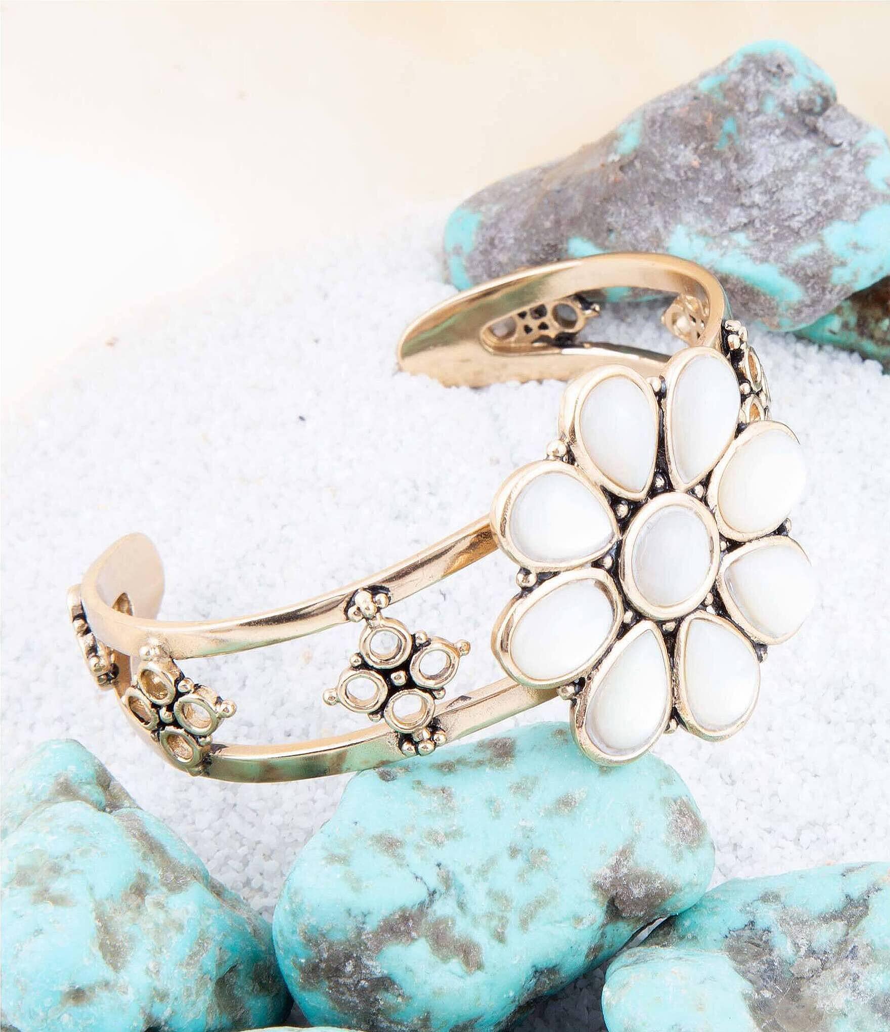 Barse Bronze and Genuine Stone Mother-of-Pearl Floral Cuff Bracelet