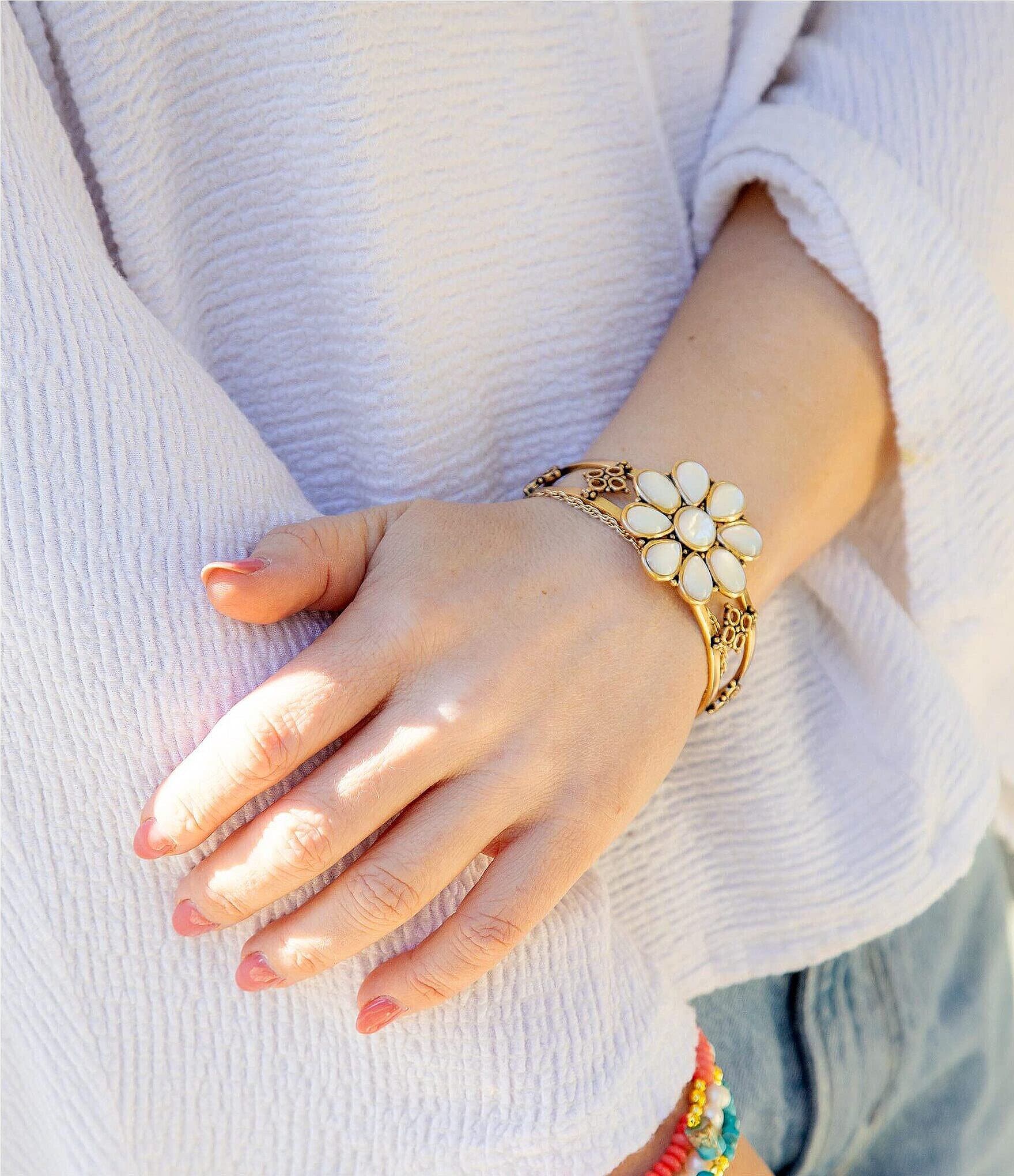 Barse Bronze and Genuine Stone Mother-of-Pearl Floral Cuff Bracelet