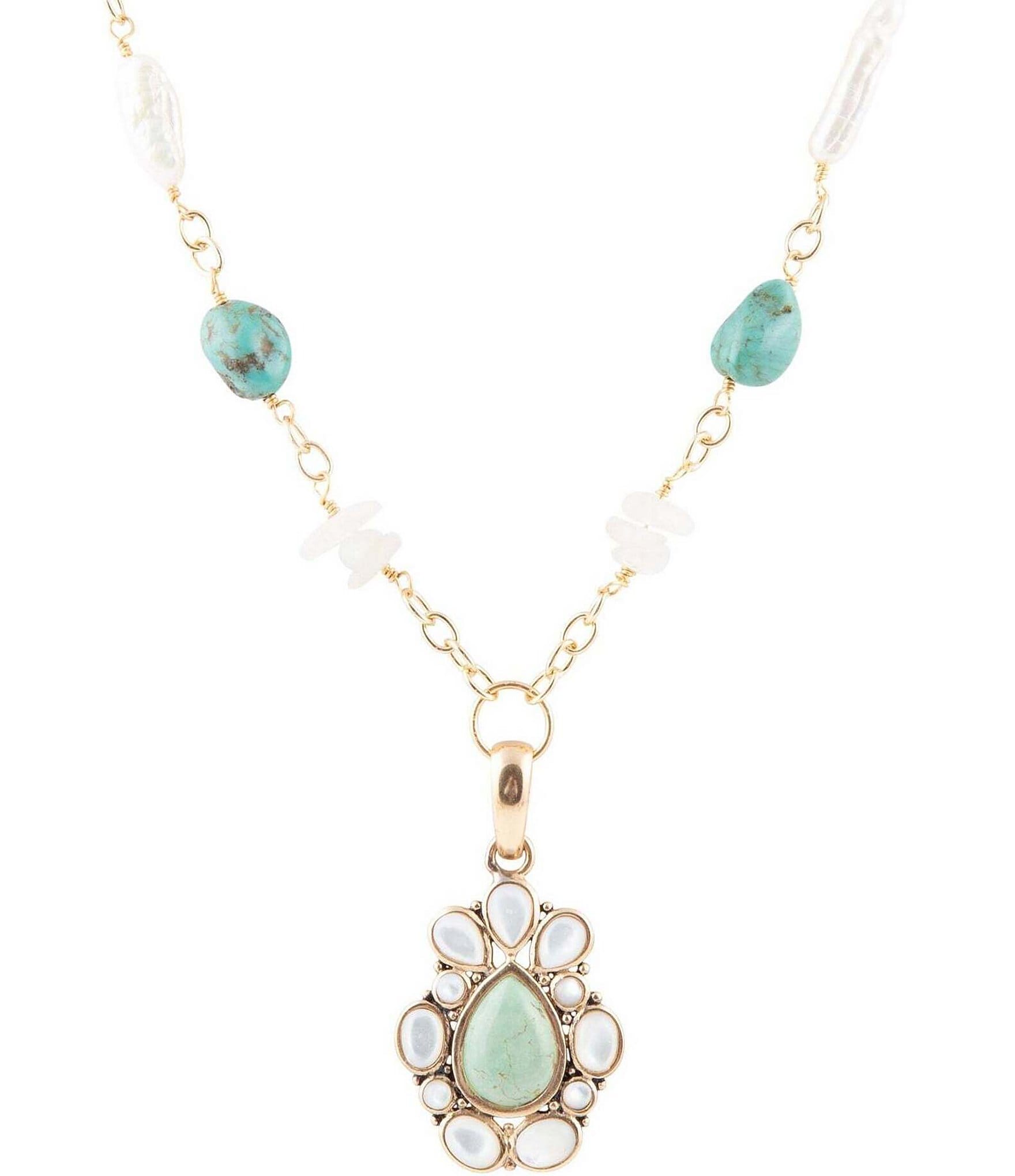 Barse Bronze and Genuine Stone Pearl and Green Turquoise Short Pendant Necklace