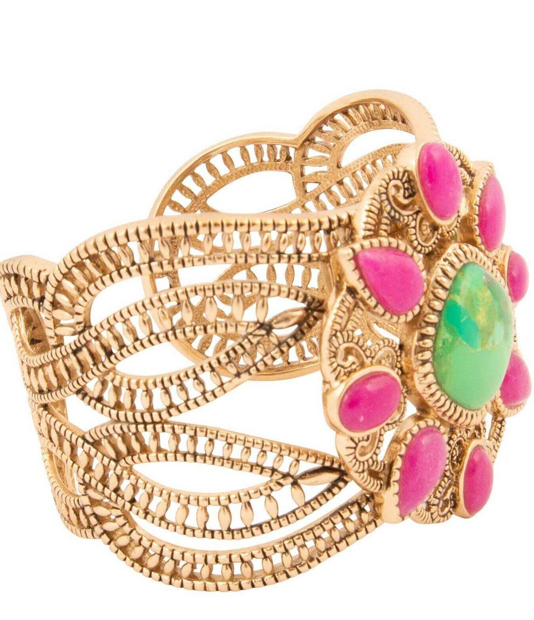 Madeira Lime and Pink Agate Statement Golden Cuff Bracelet