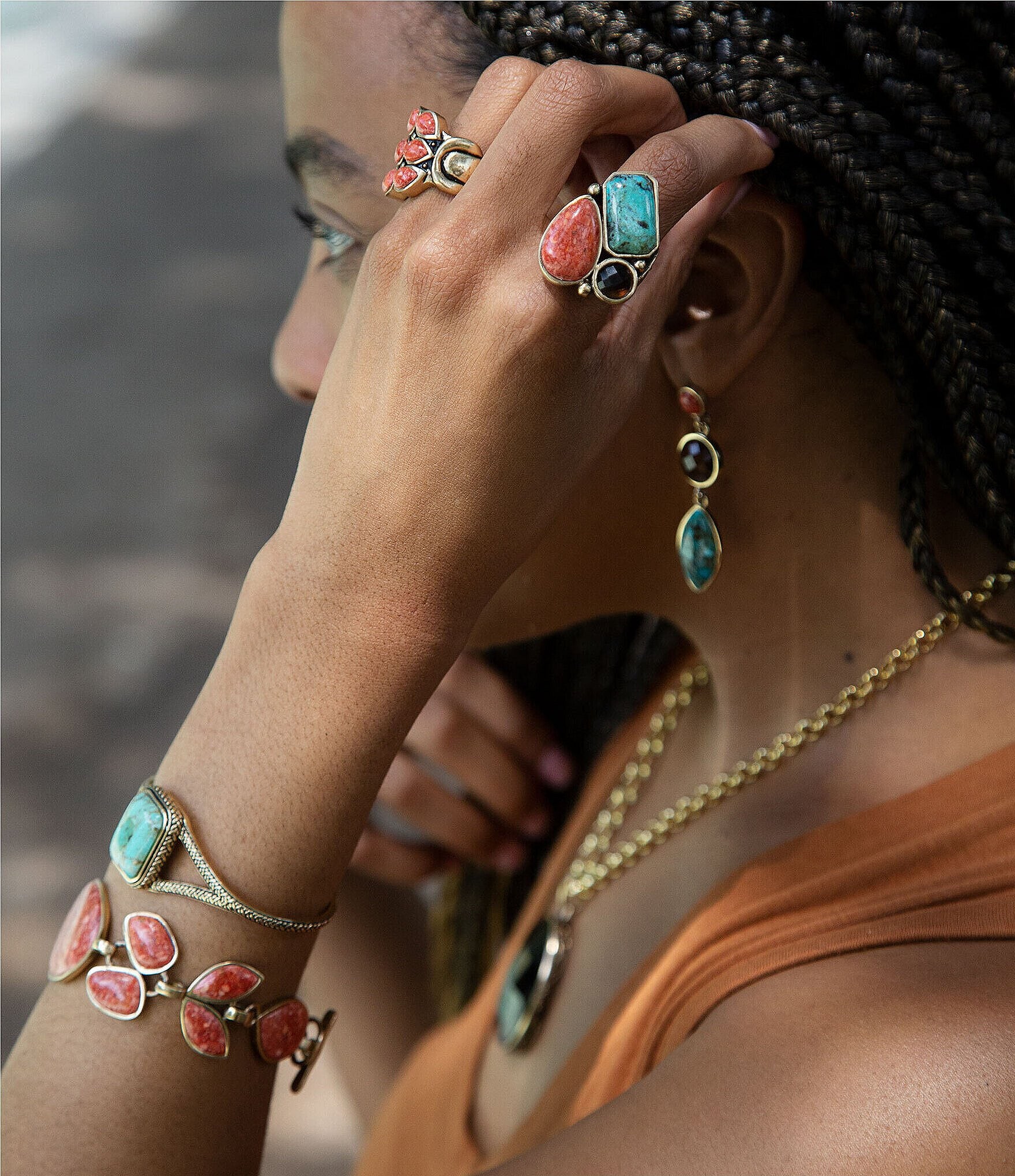 Barse Bronze and Genuine Stone Statement Drop Earrings