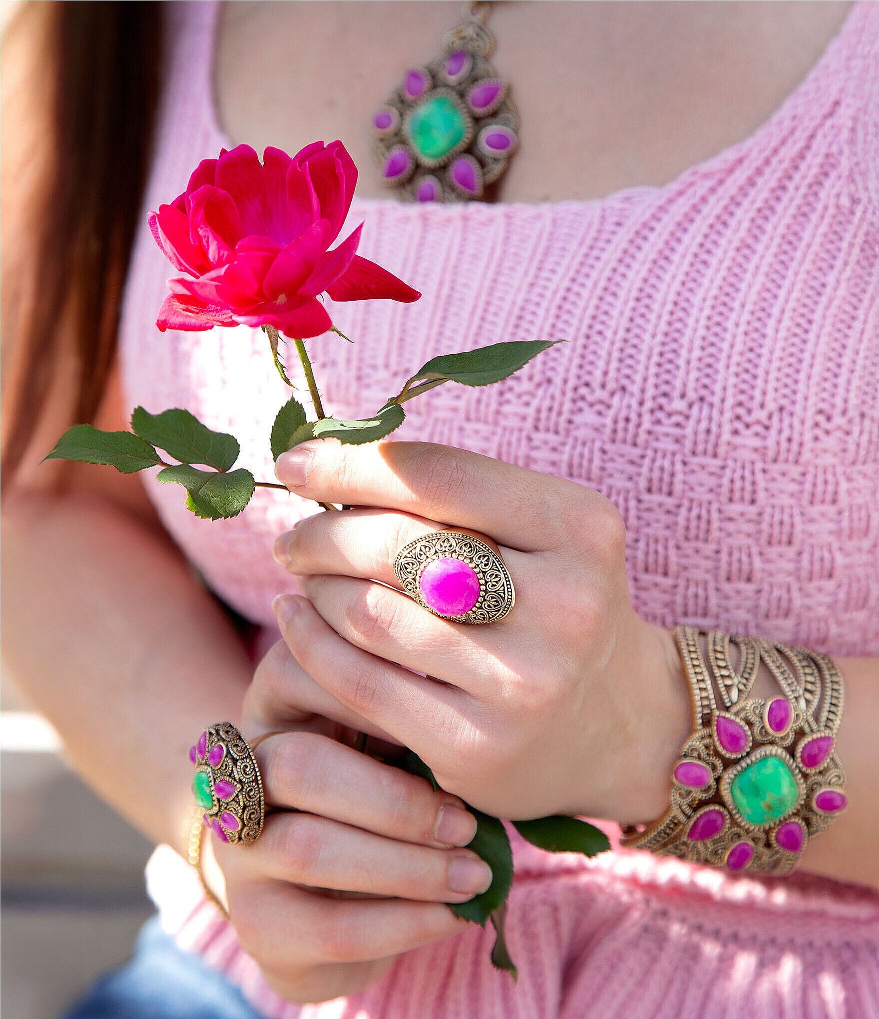 Barse Madeira Pink Agate Golden Statement Ring