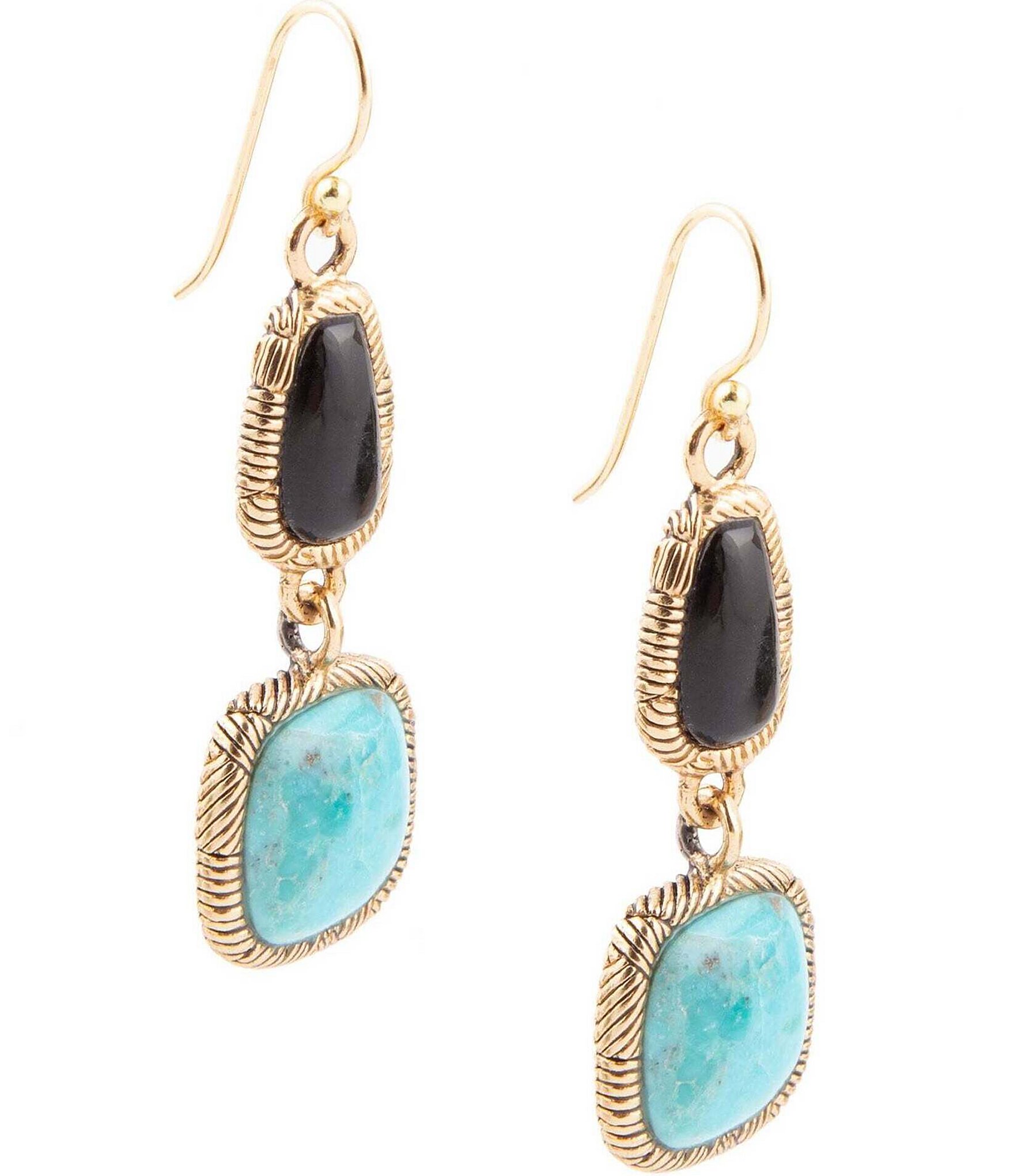 Barse Bronze and Genuine Turquoise & Onyx Stone Drop Earrings