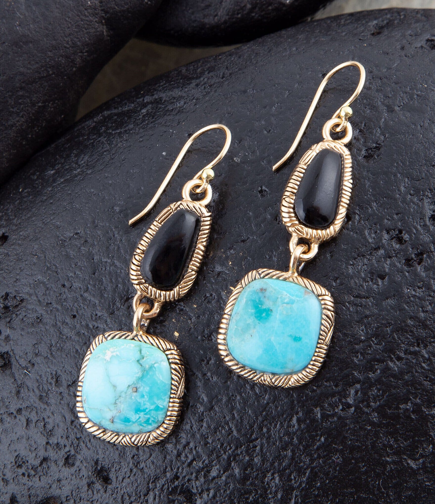 Barse Bronze and Genuine Turquoise & Onyx Stone Drop Earrings