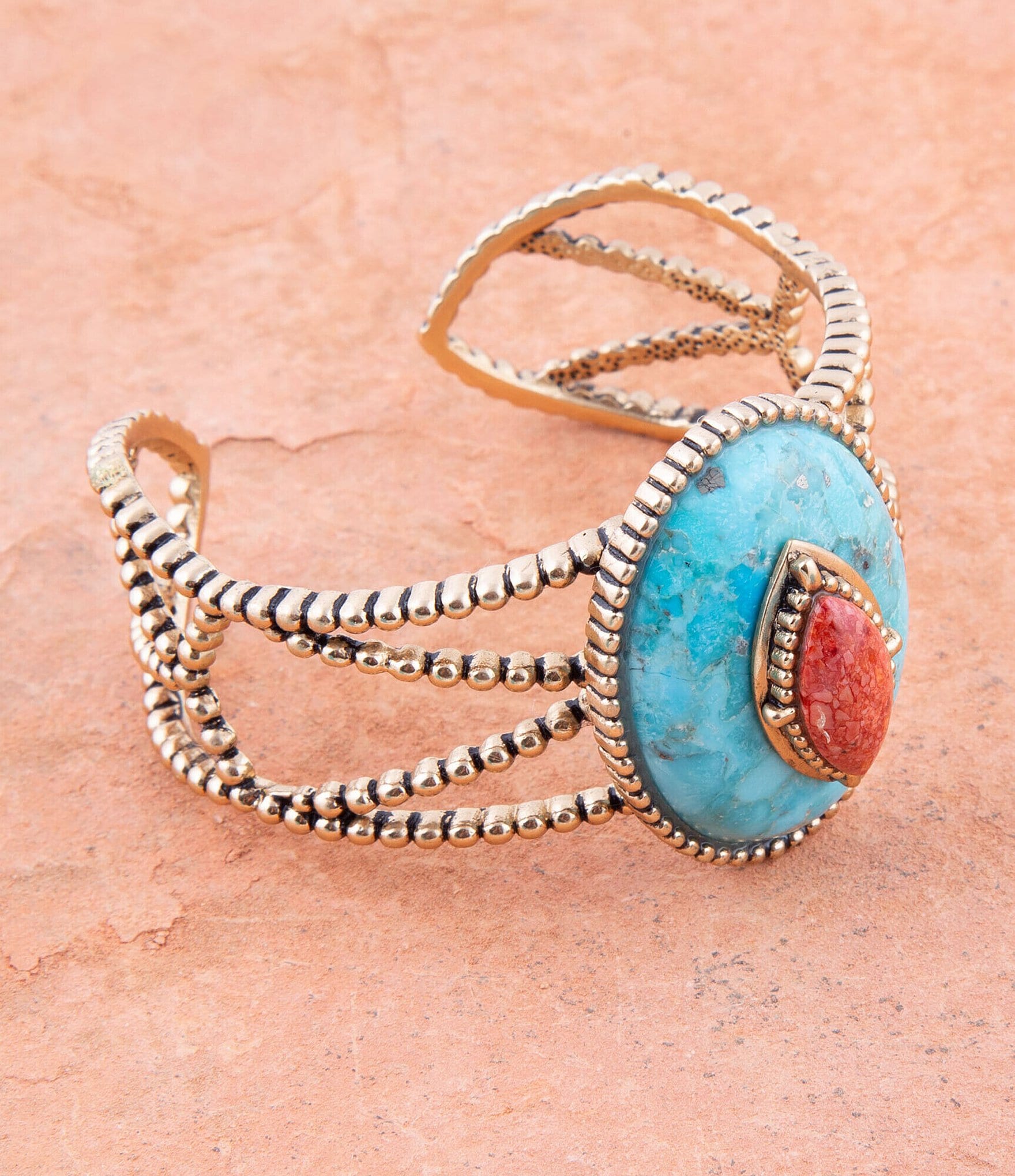 Barse Bronze and Genuine Turquoise & Orange Sponge Coral Stone Cuff Bracelet