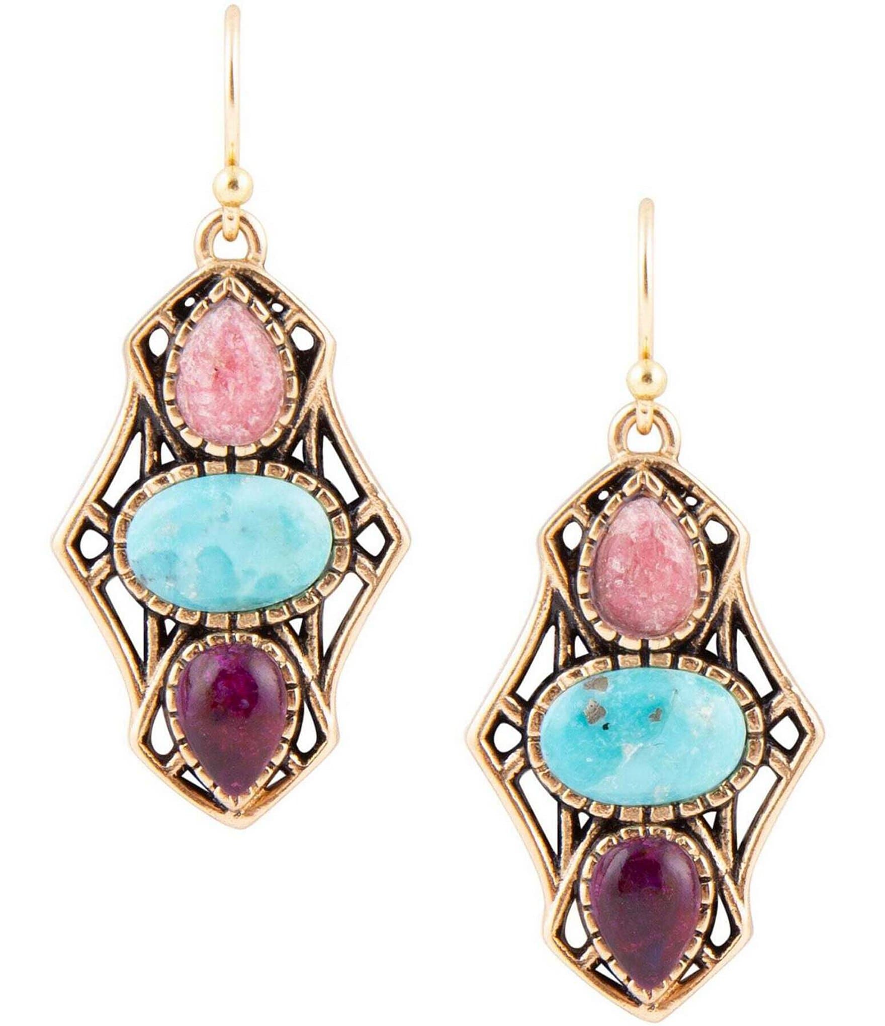 Barse Bronze and Genuine Turquoise & Purple Quartz Stone Drop Earrings