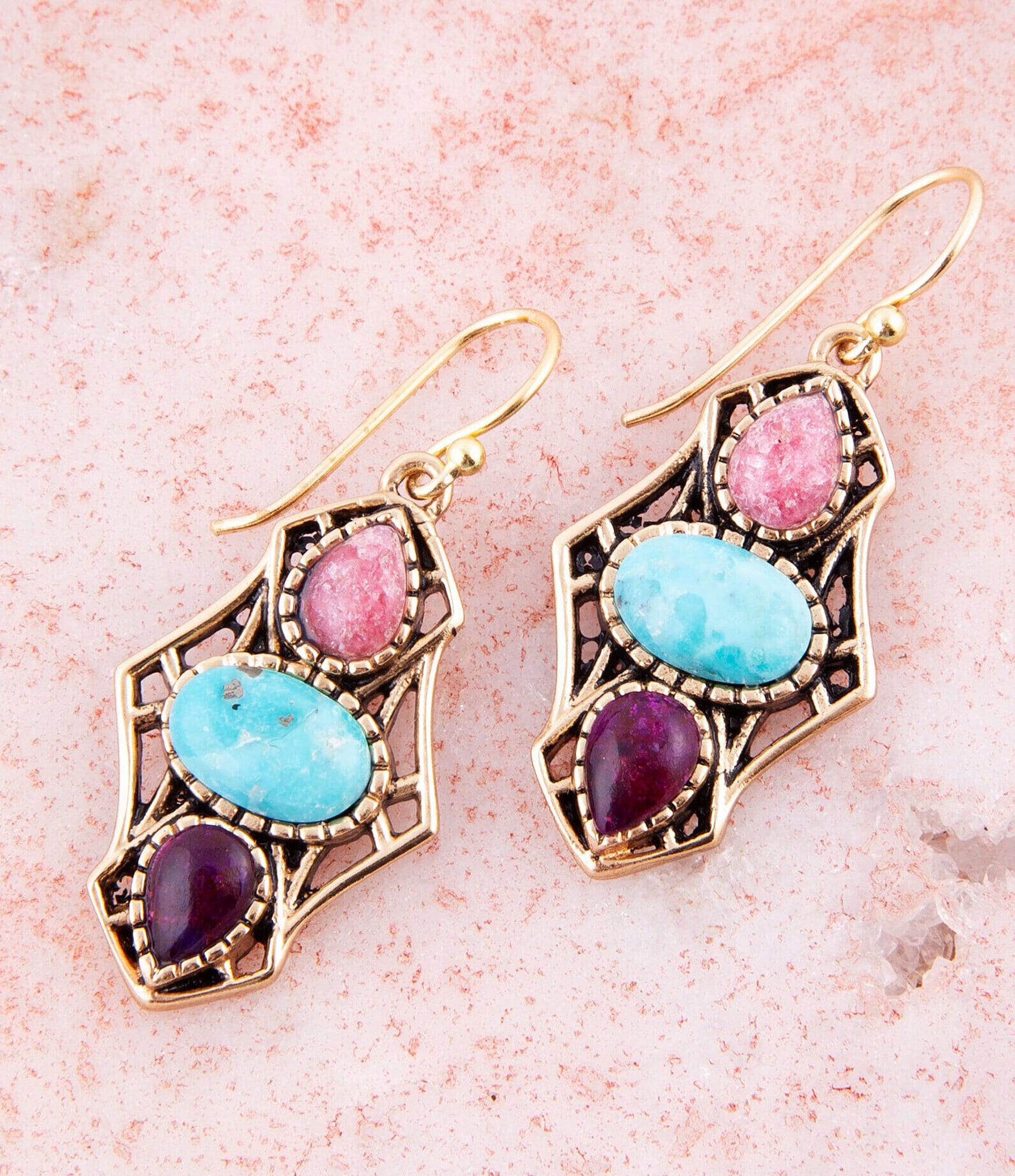 Barse Bronze and Genuine Turquoise & Purple Quartz Stone Drop Earrings