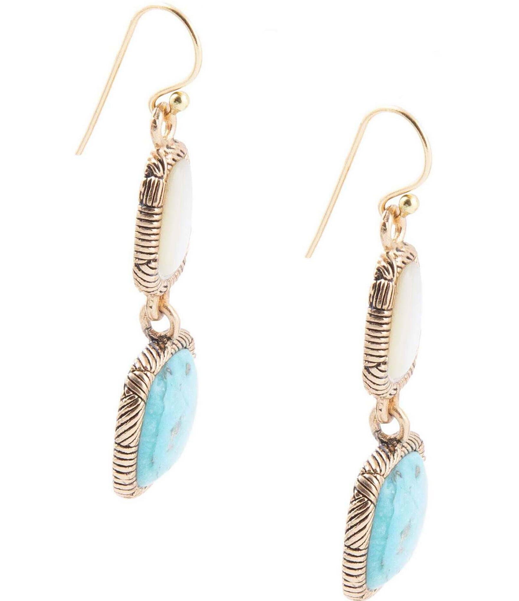 Barse Bronze and Genuine Turquoise and Mother of Pearl Stone Drop Earrings