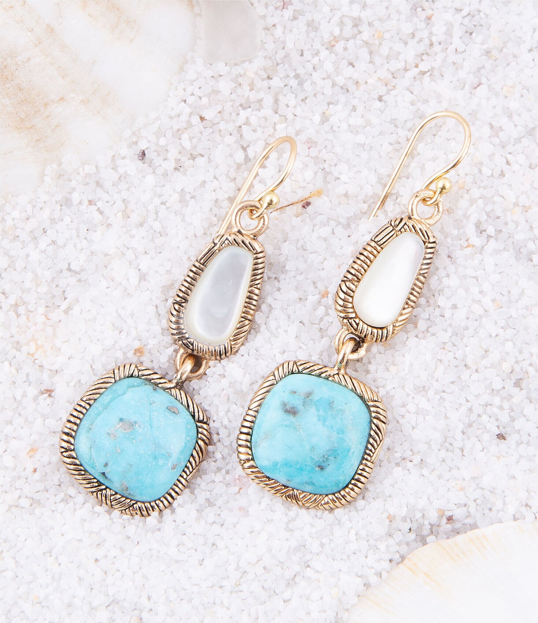 Barse Bronze and Genuine Turquoise and Mother of Pearl Stone Drop Earrings