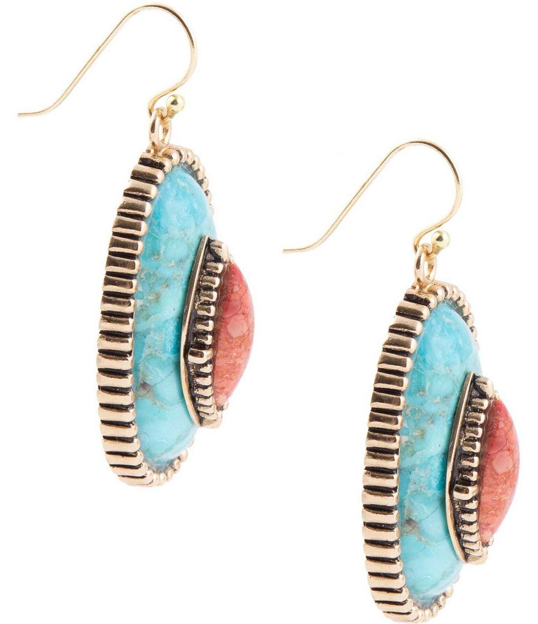 Barse Bronze and Genuine Turquoise and Orange Sponge Coral Stone Drop Earrings