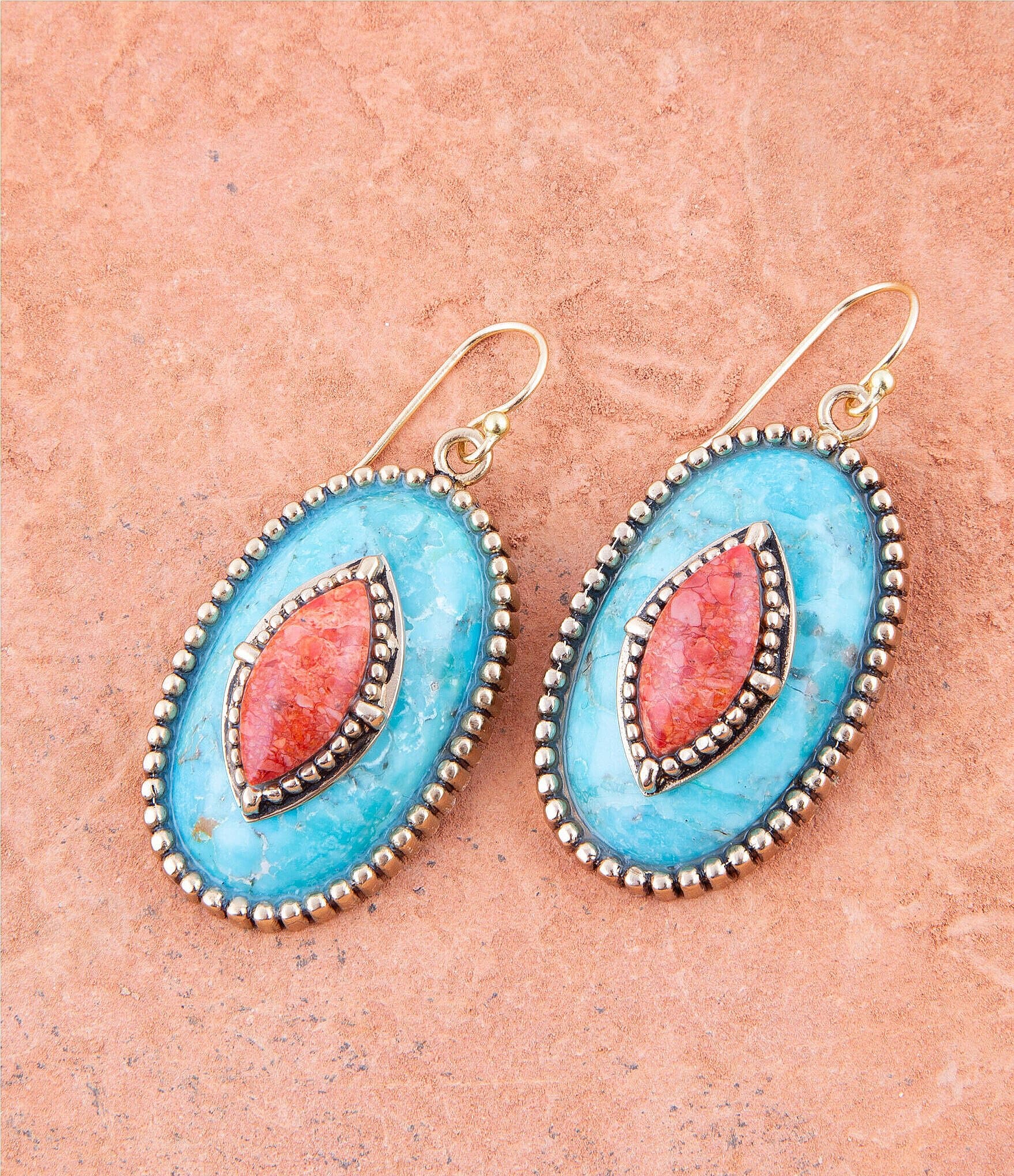 Barse Bronze and Genuine Turquoise and Orange Sponge Coral Stone Drop Earrings