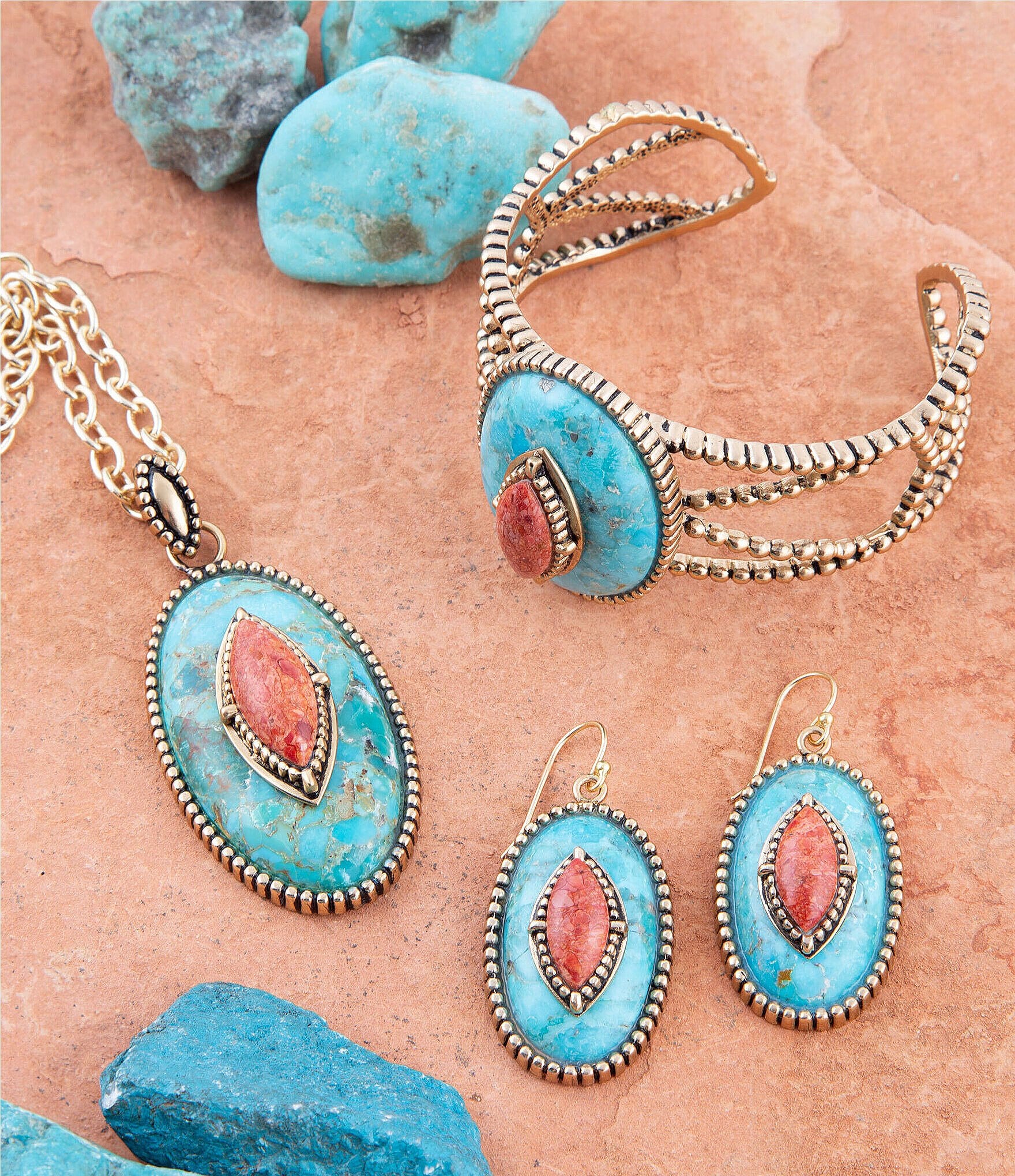 Barse Bronze and Genuine Turquoise and Orange Sponge Coral Stone Drop Earrings