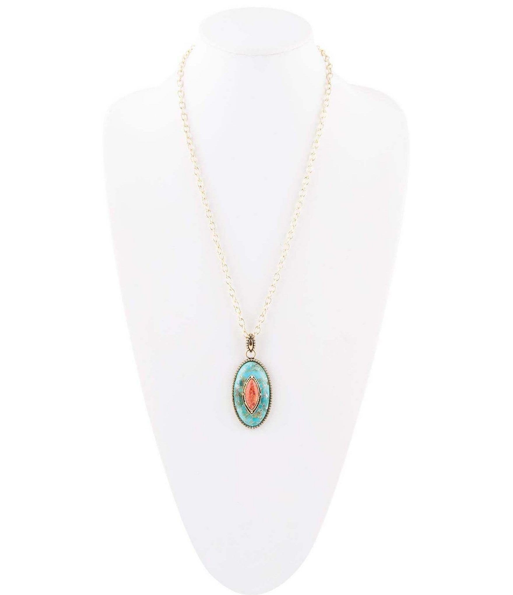 Barse Bronze and Genuine Turquoise and Orange Sponge Coral Stone Long Pendant Necklace