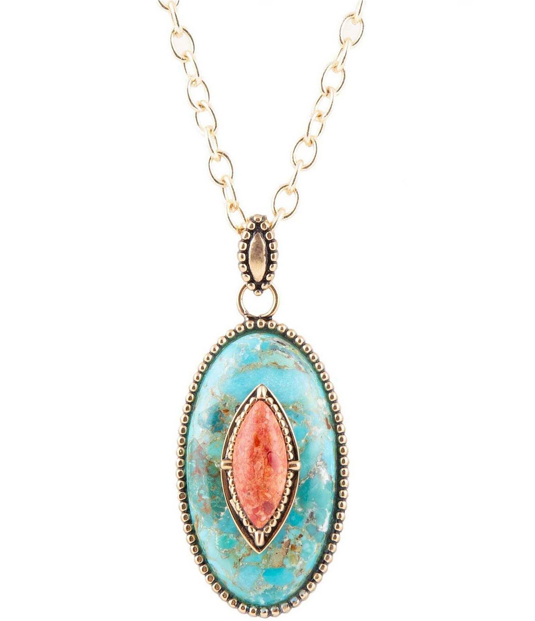 Barse Bronze and Genuine Turquoise and Orange Sponge Coral Stone Long Pendant Necklace