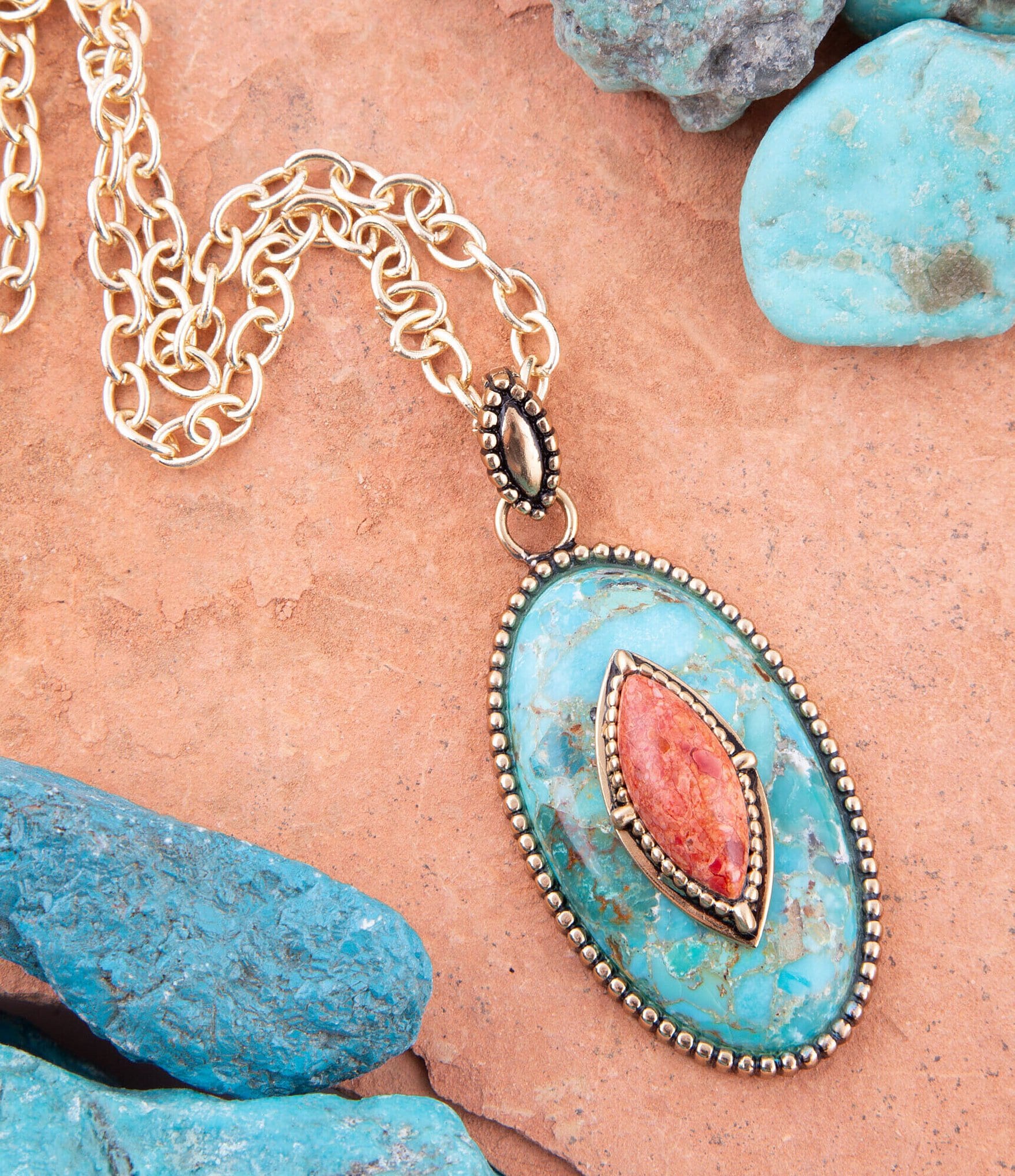 Barse Bronze and Genuine Turquoise and Orange Sponge Coral Stone Long Pendant Necklace