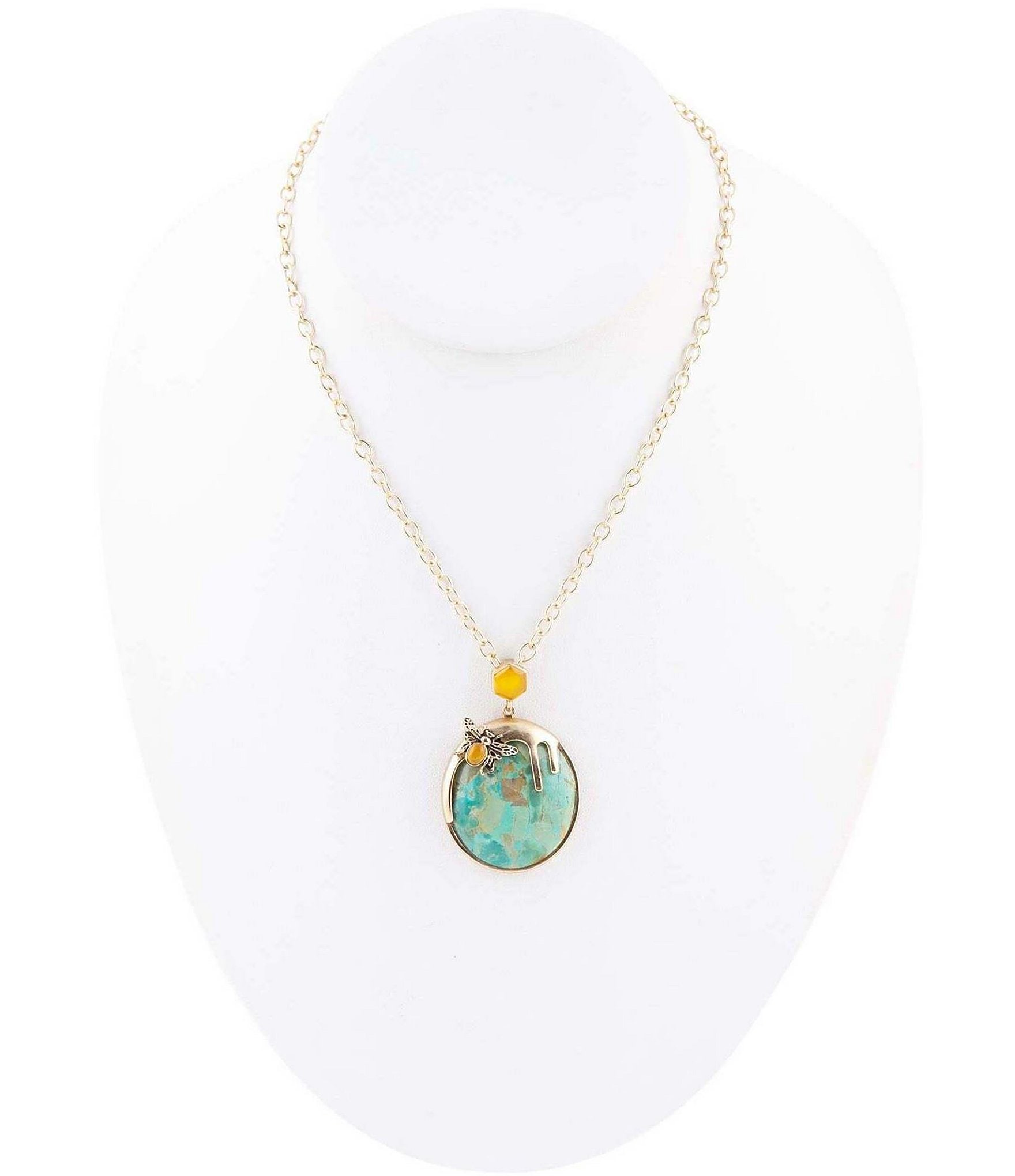 Barse Bronze and Genuine Turquoise and Yellow Agate Stone Bee Short Pendant Necklace