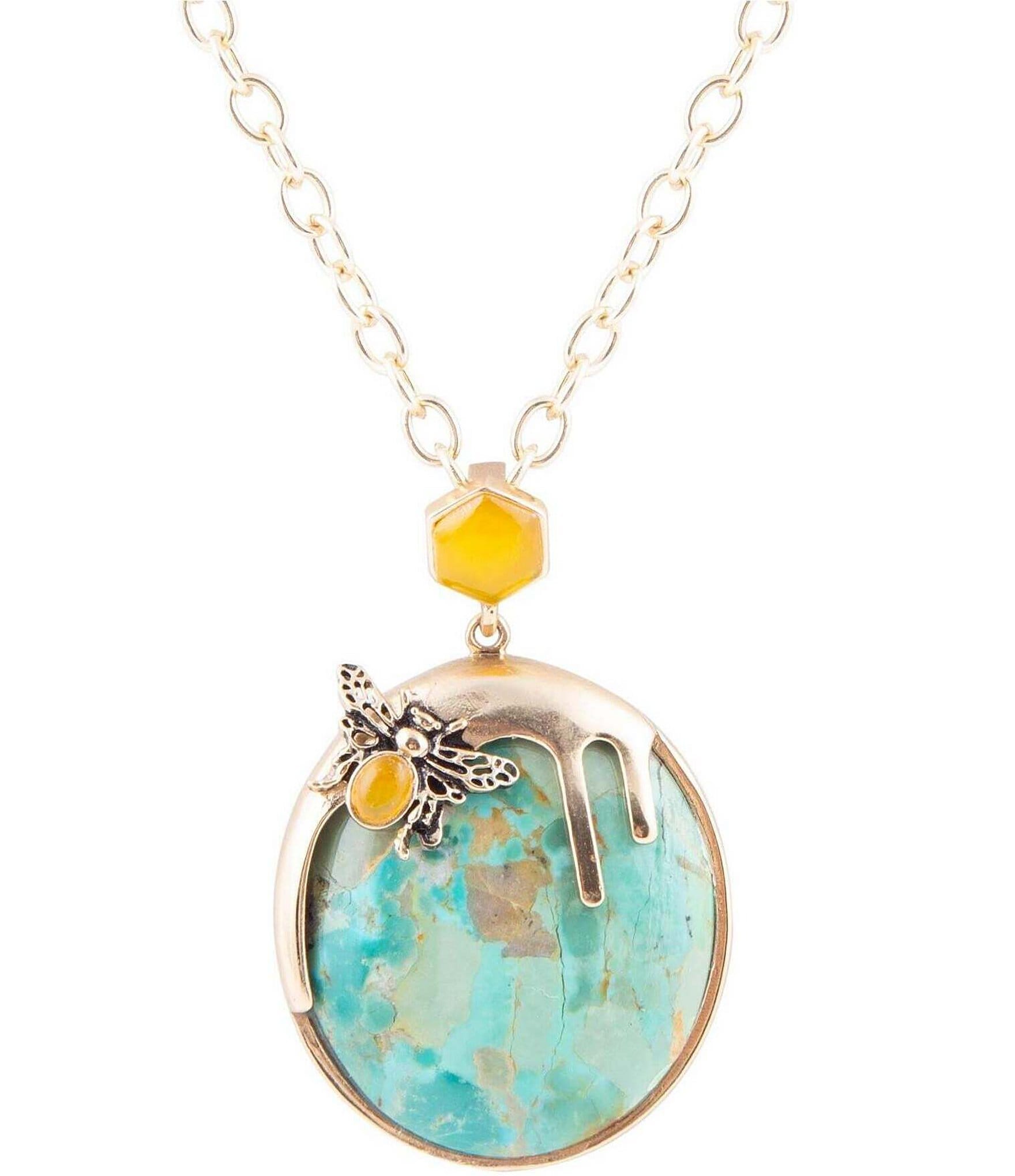 Barse Bronze and Genuine Turquoise and Yellow Agate Stone Bee Short Pendant Necklace