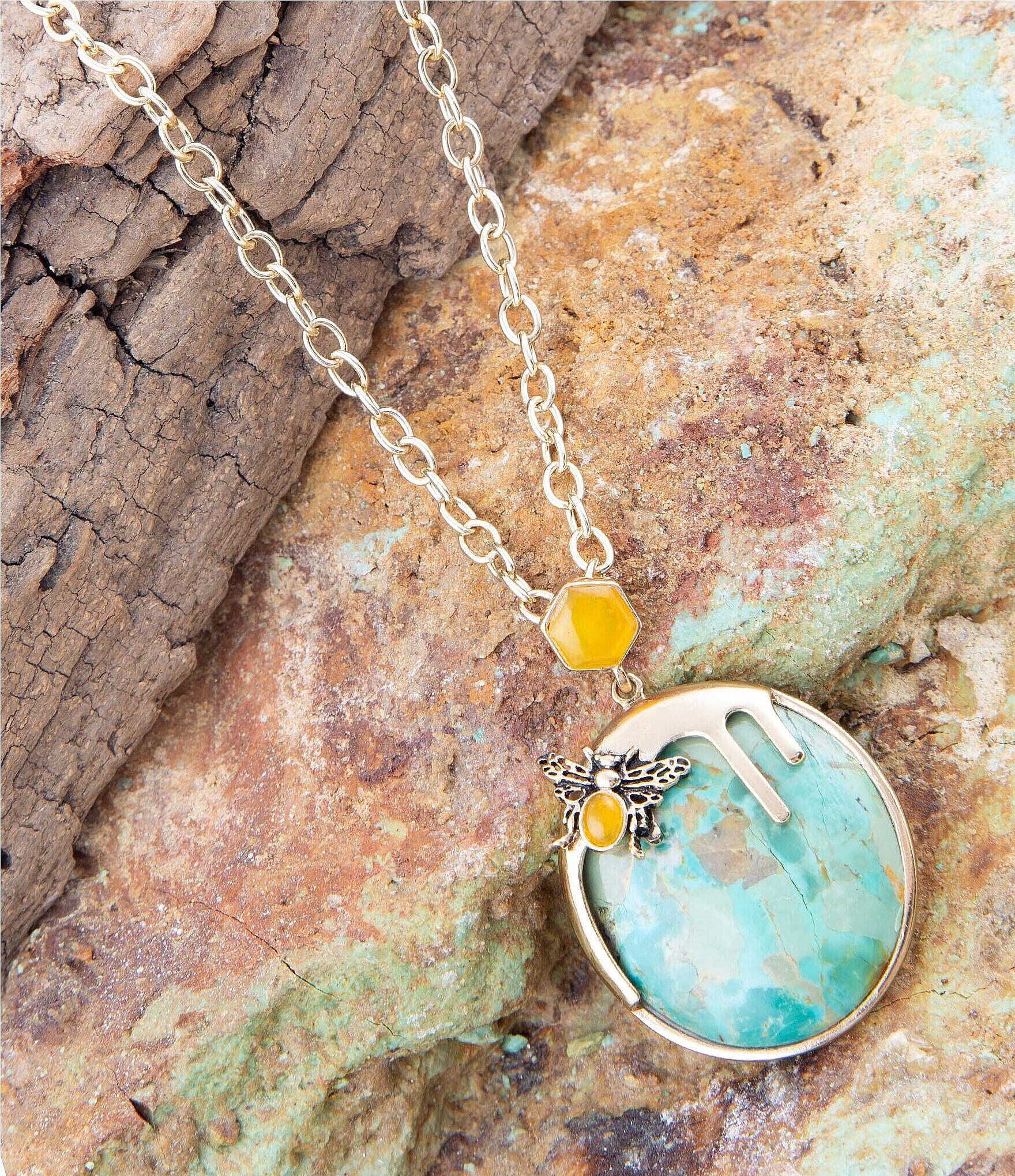 Barse Bronze and Genuine Turquoise and Yellow Agate Stone Bee Short Pendant Necklace