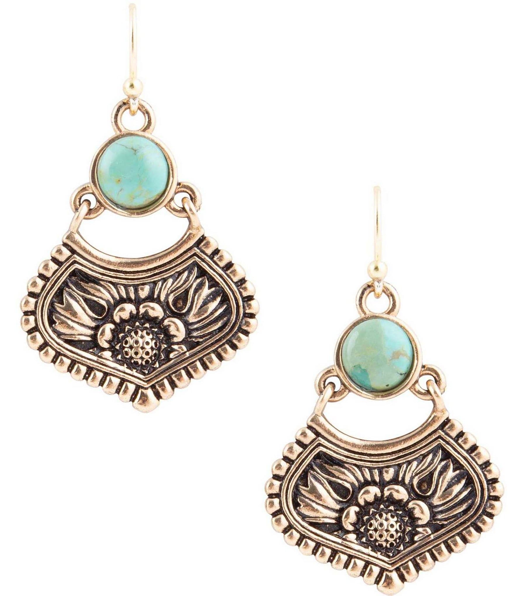 Barse Bronze and Genuine Turquoise Floral Drop Earrings