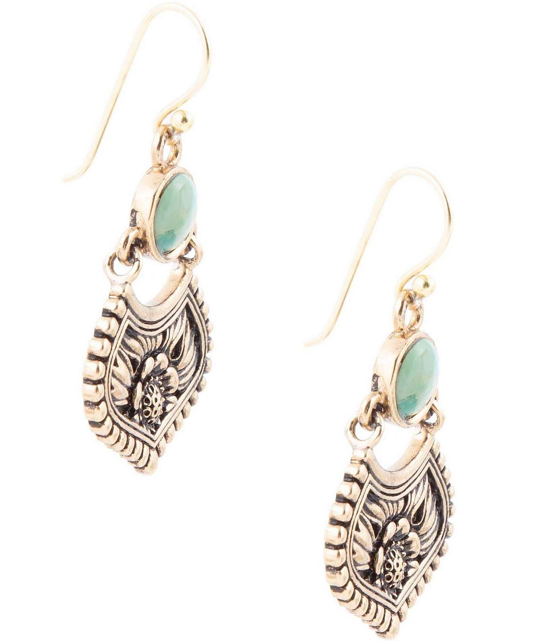 Barse Bronze and Genuine Turquoise Floral Drop Earrings