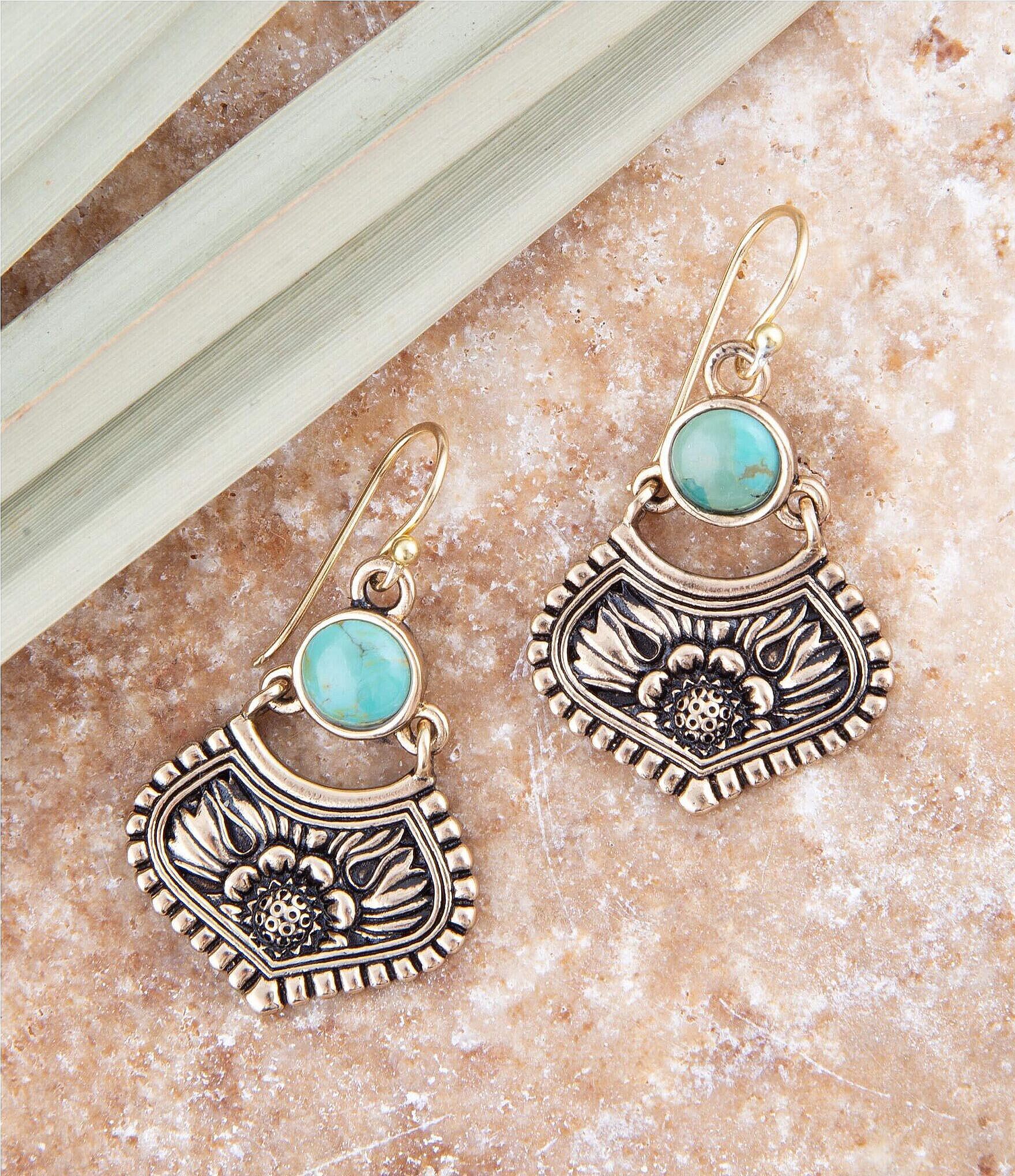 Barse Bronze and Genuine Turquoise Floral Drop Earrings