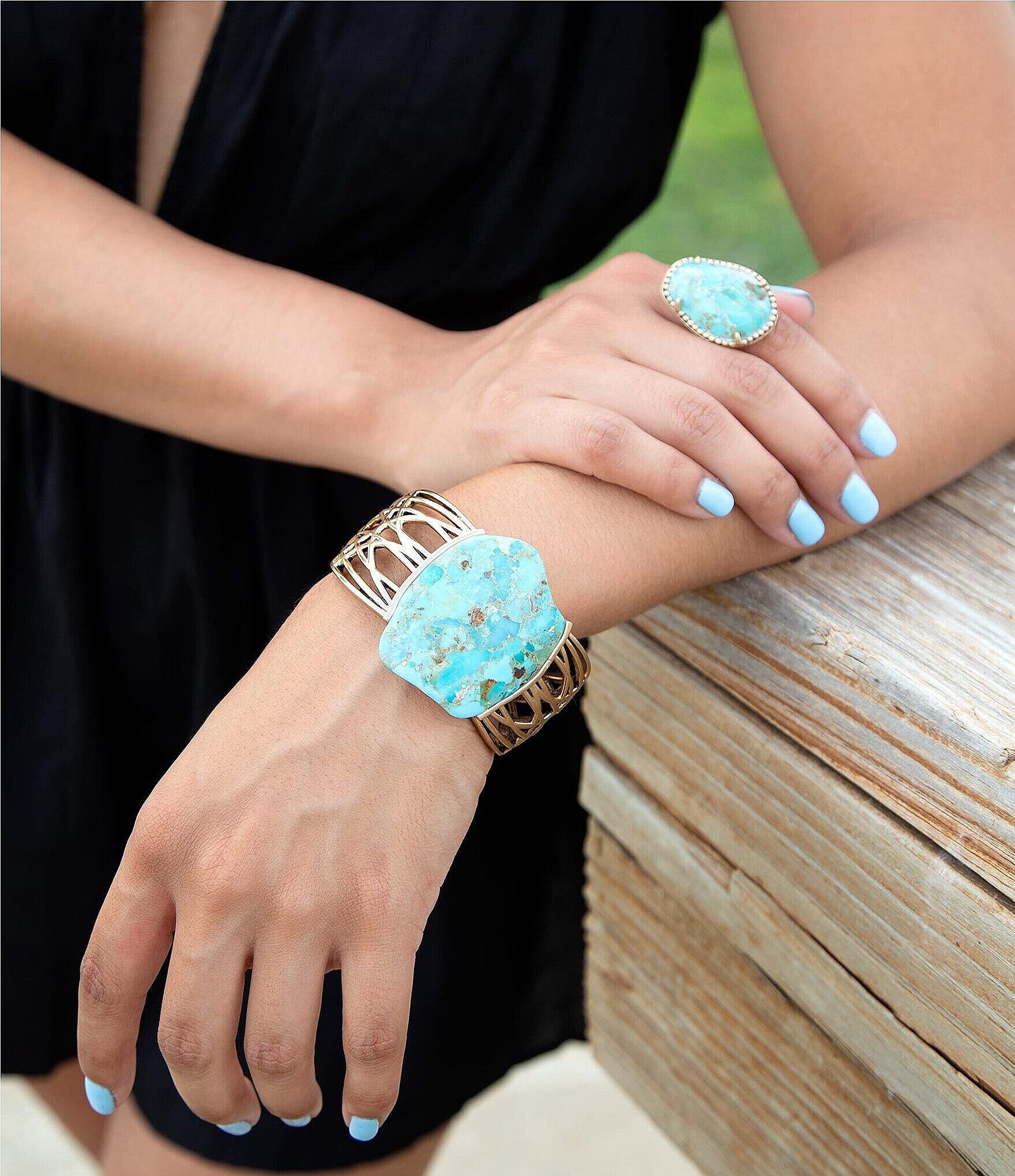Barse Abstract Blue Turquoise Golden Statement Cuff Bracelet
