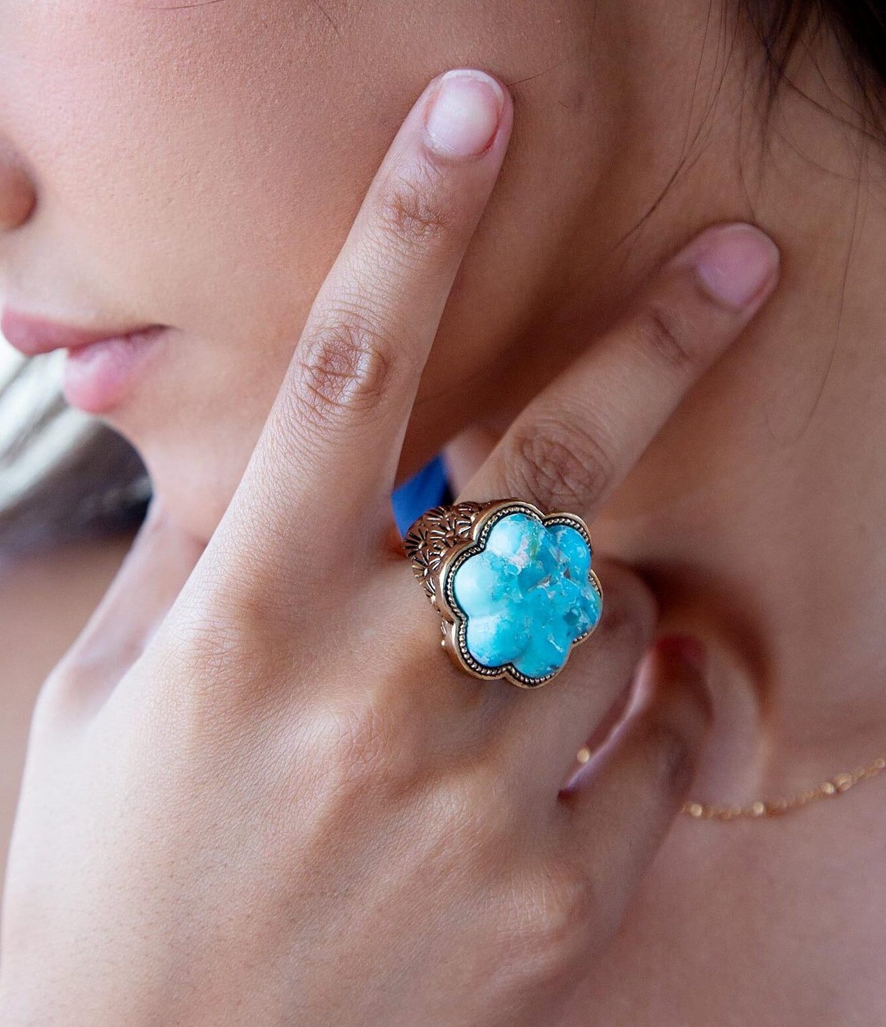 Barse Blue Turquoise Flower Golden Ring