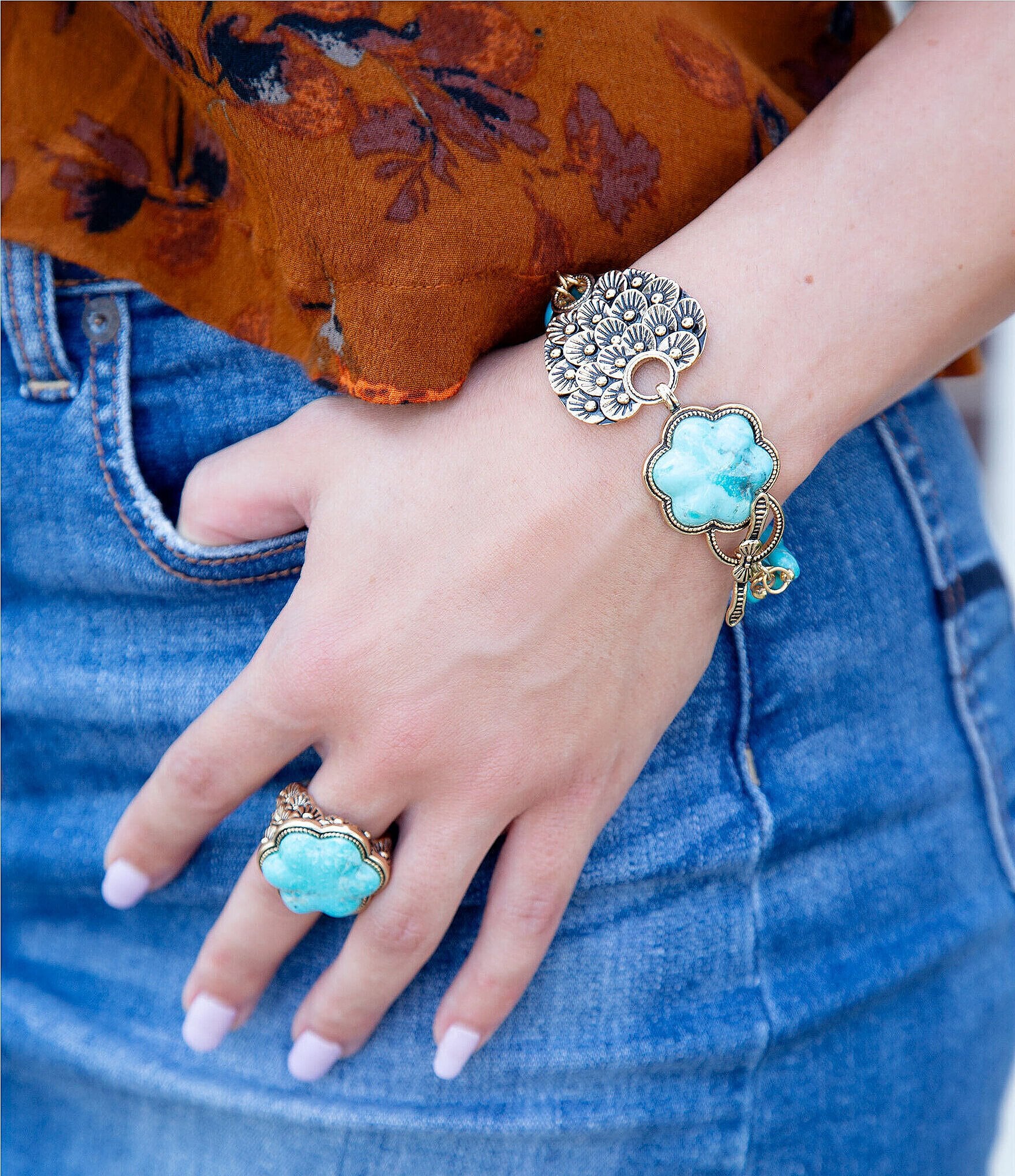 Barse Blue Turquoise Flower Golden Ring
