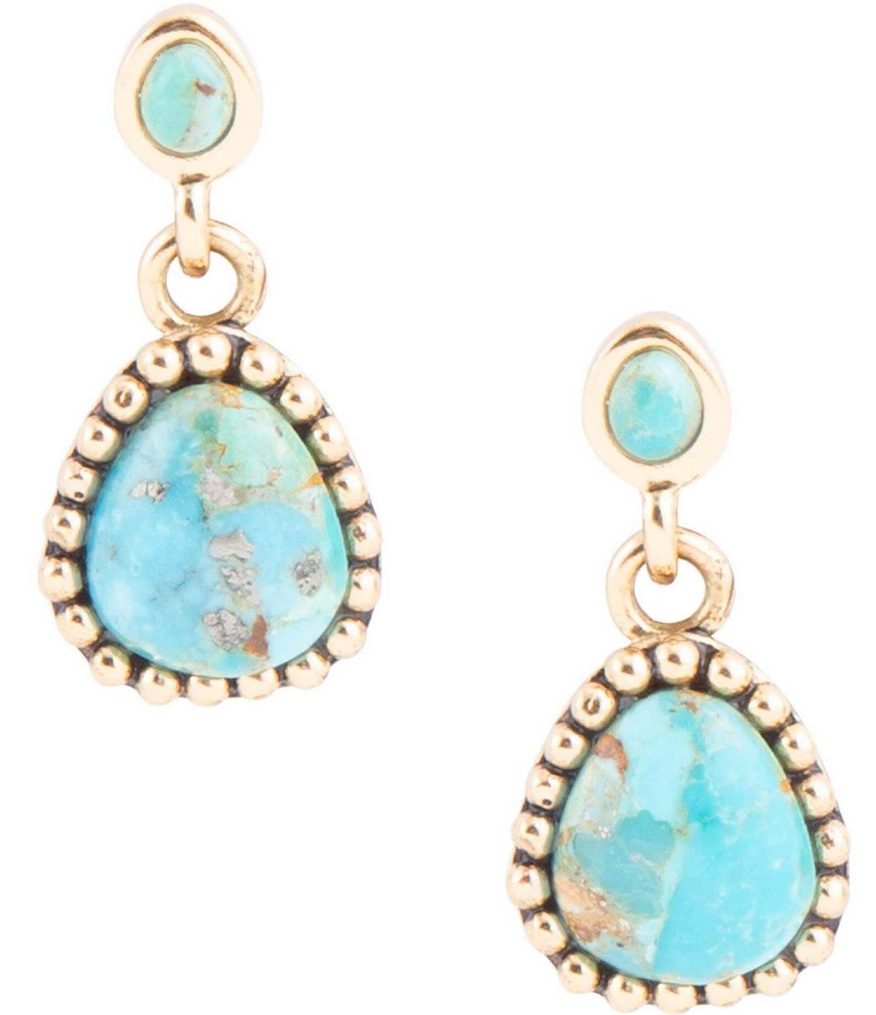 Barse Bronze and Genuine Turquoise Stone Gold Metal Drop Earrings