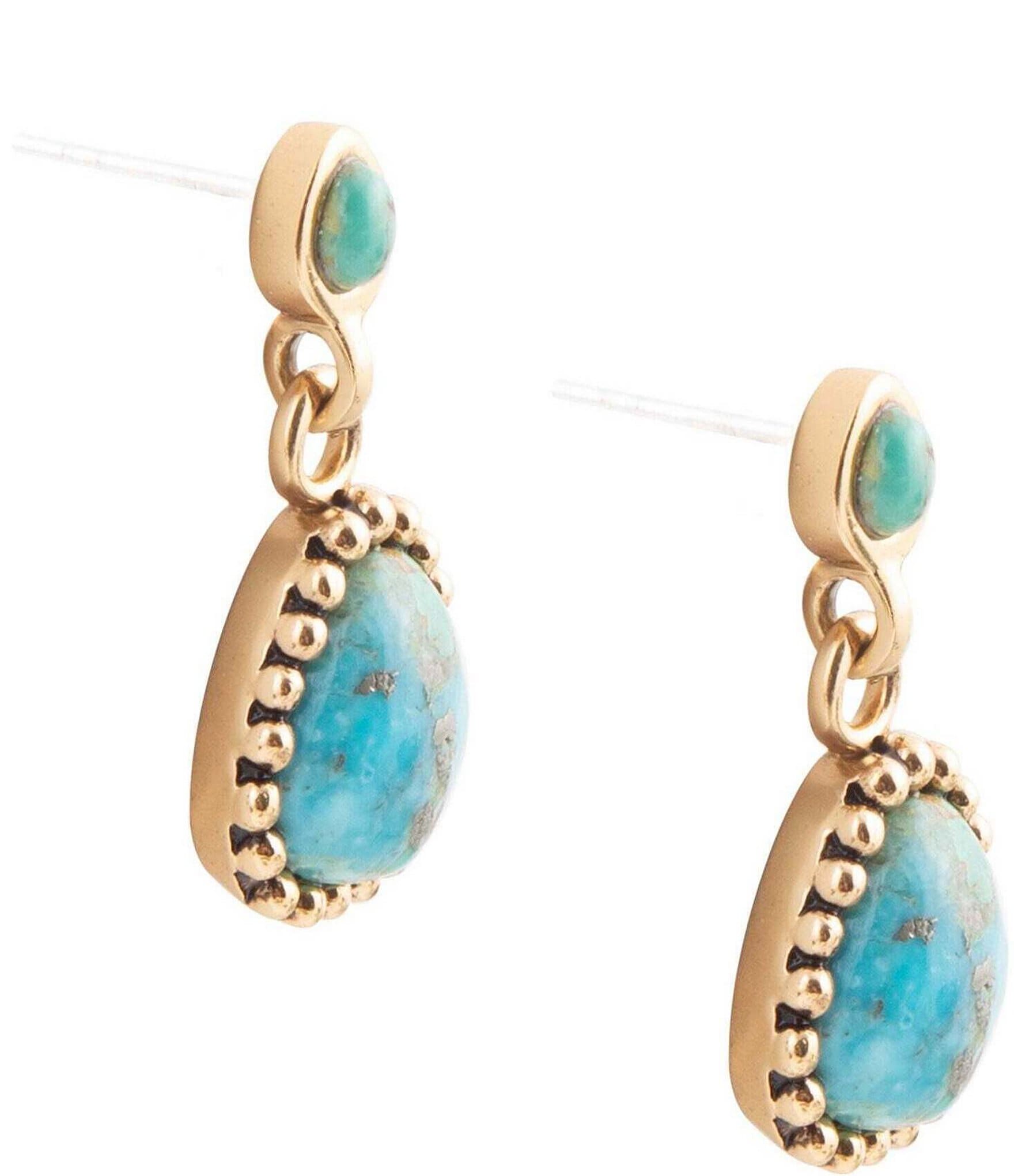 Barse Bronze and Genuine Turquoise Stone Gold Metal Drop Earrings