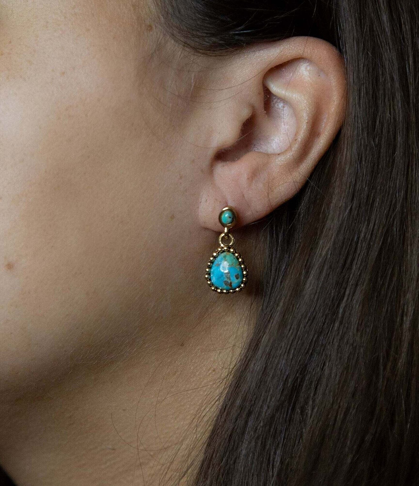 Barse Bronze and Genuine Turquoise Stone Gold Metal Drop Earrings