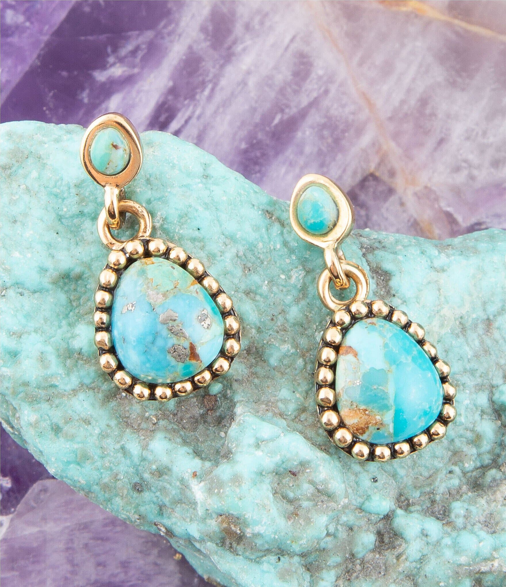 Barse Bronze and Genuine Turquoise Stone Gold Metal Drop Earrings