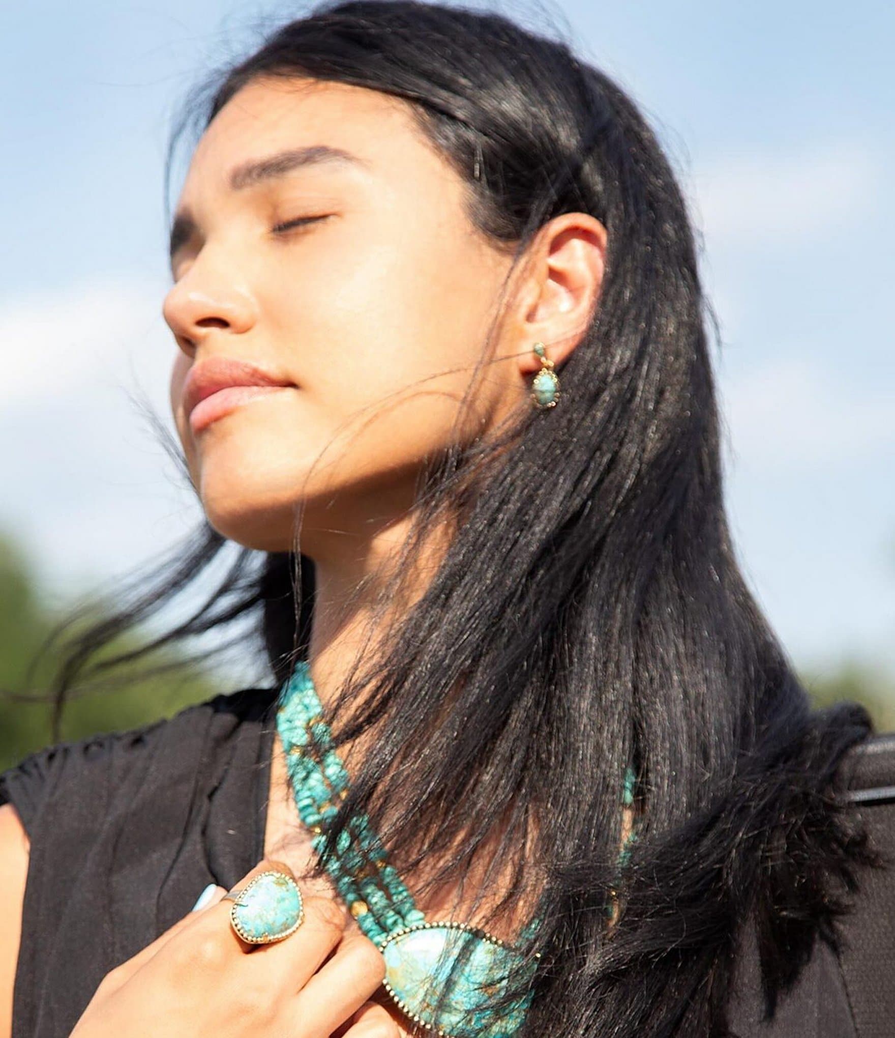 Barse Bronze and Genuine Turquoise Stone Gold Metal Drop Earrings