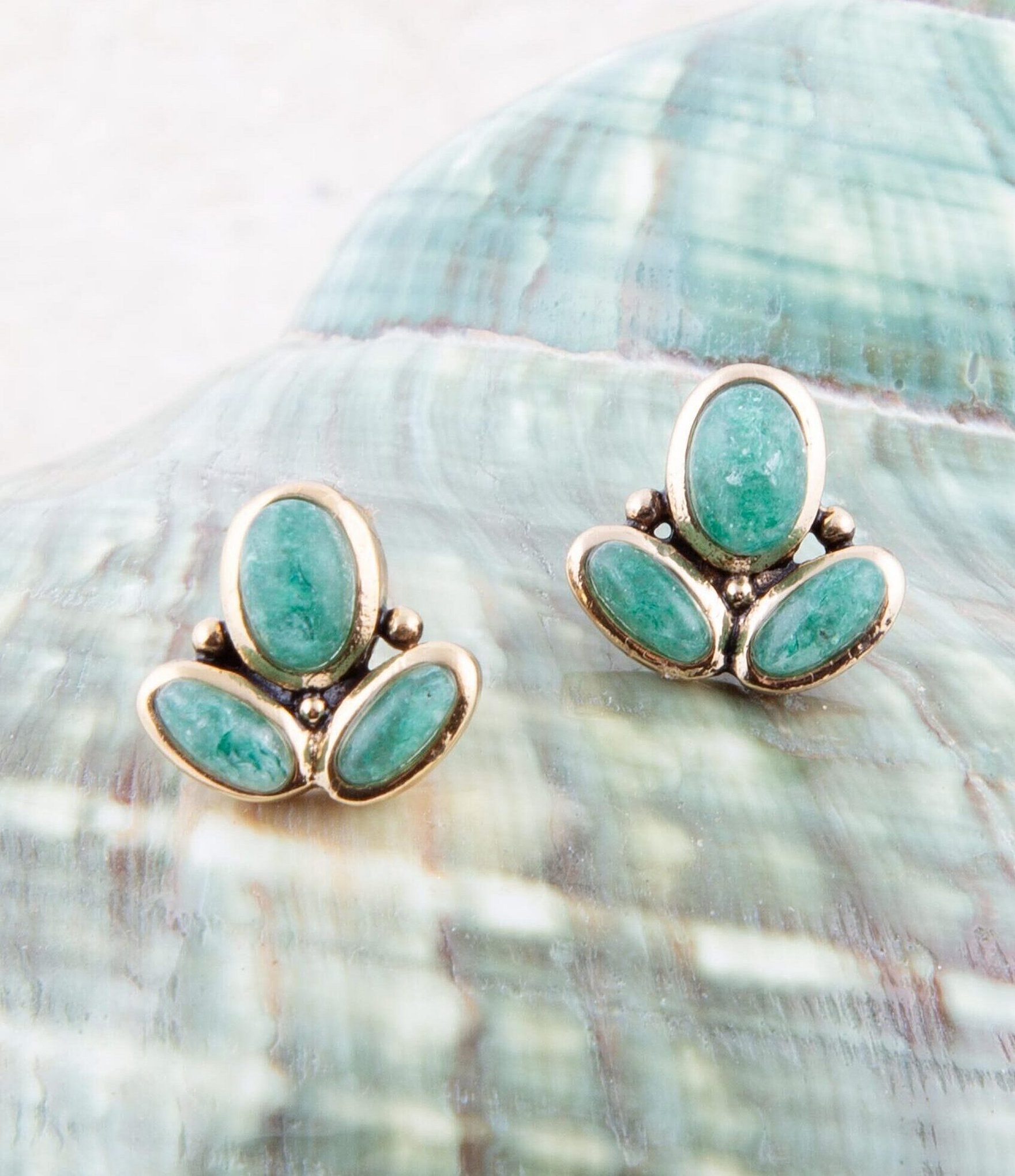 Barse Bronze and Genuine Green Aventurine Stone Stud Earrings