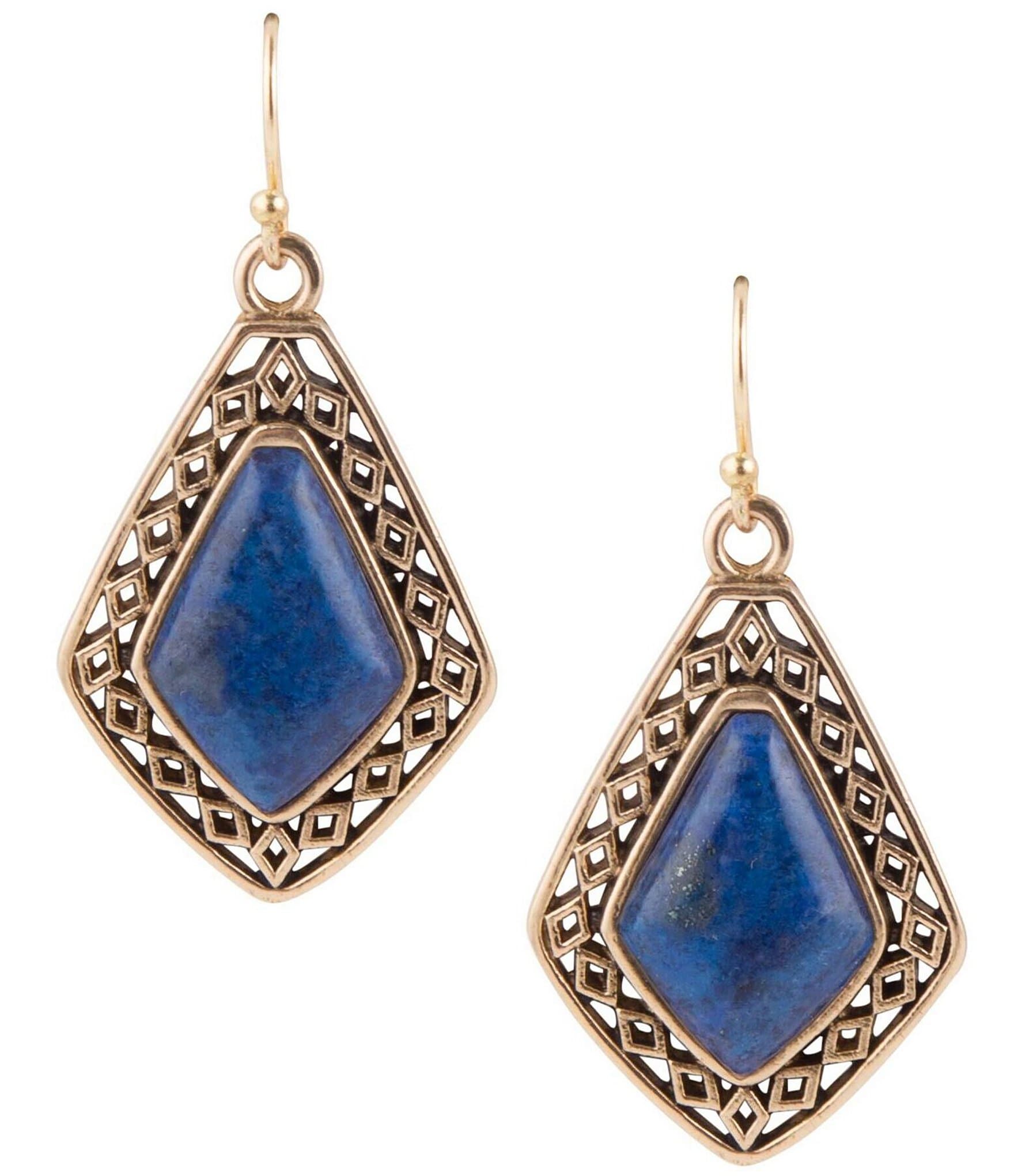 Barse Bronze Metal and Genuine Lapis French Wire Drop Earrings