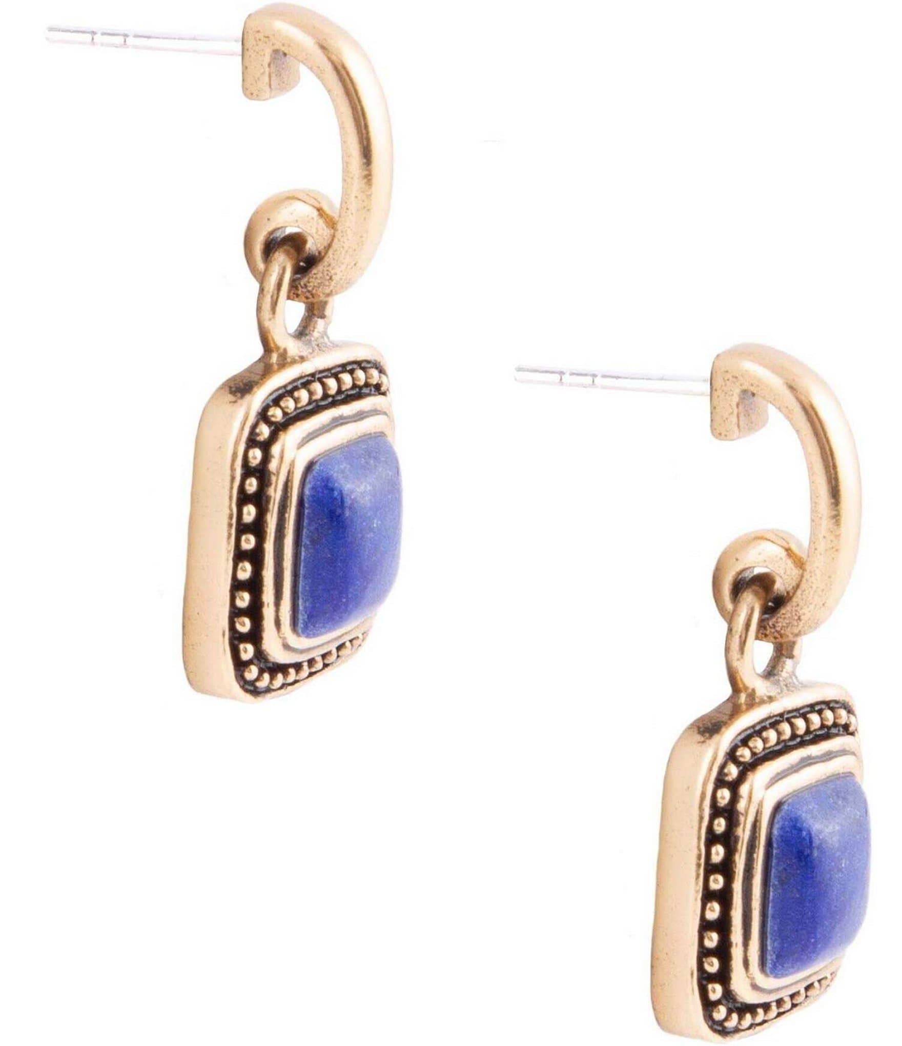 Barse Bronze and Genuine Lapis Stone Square Drop Earrings