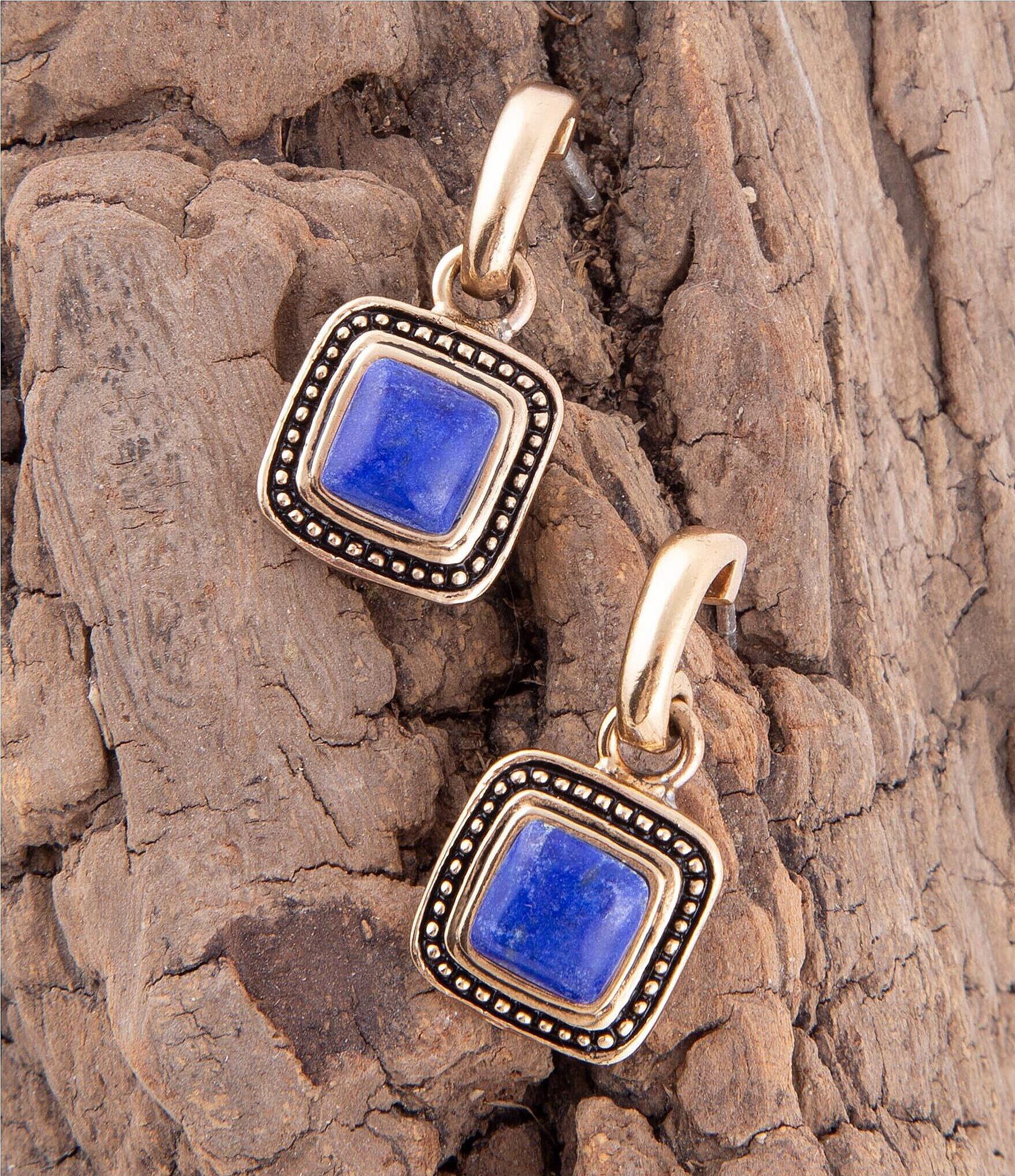 Barse Bronze and Genuine Lapis Stone Square Drop Earrings