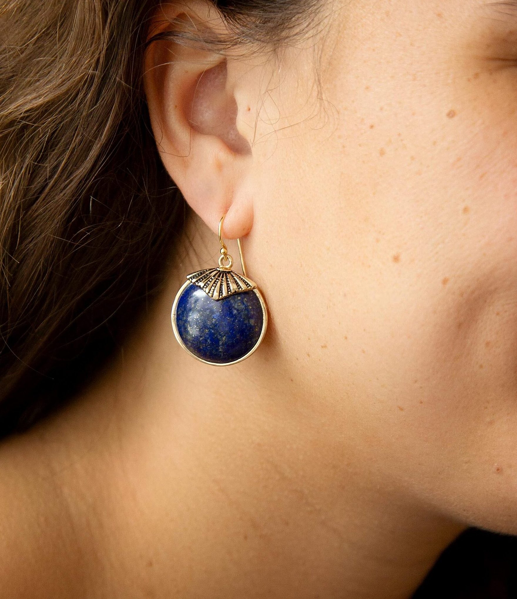 Barse Blue Lapis Circle Golden Drop Earings