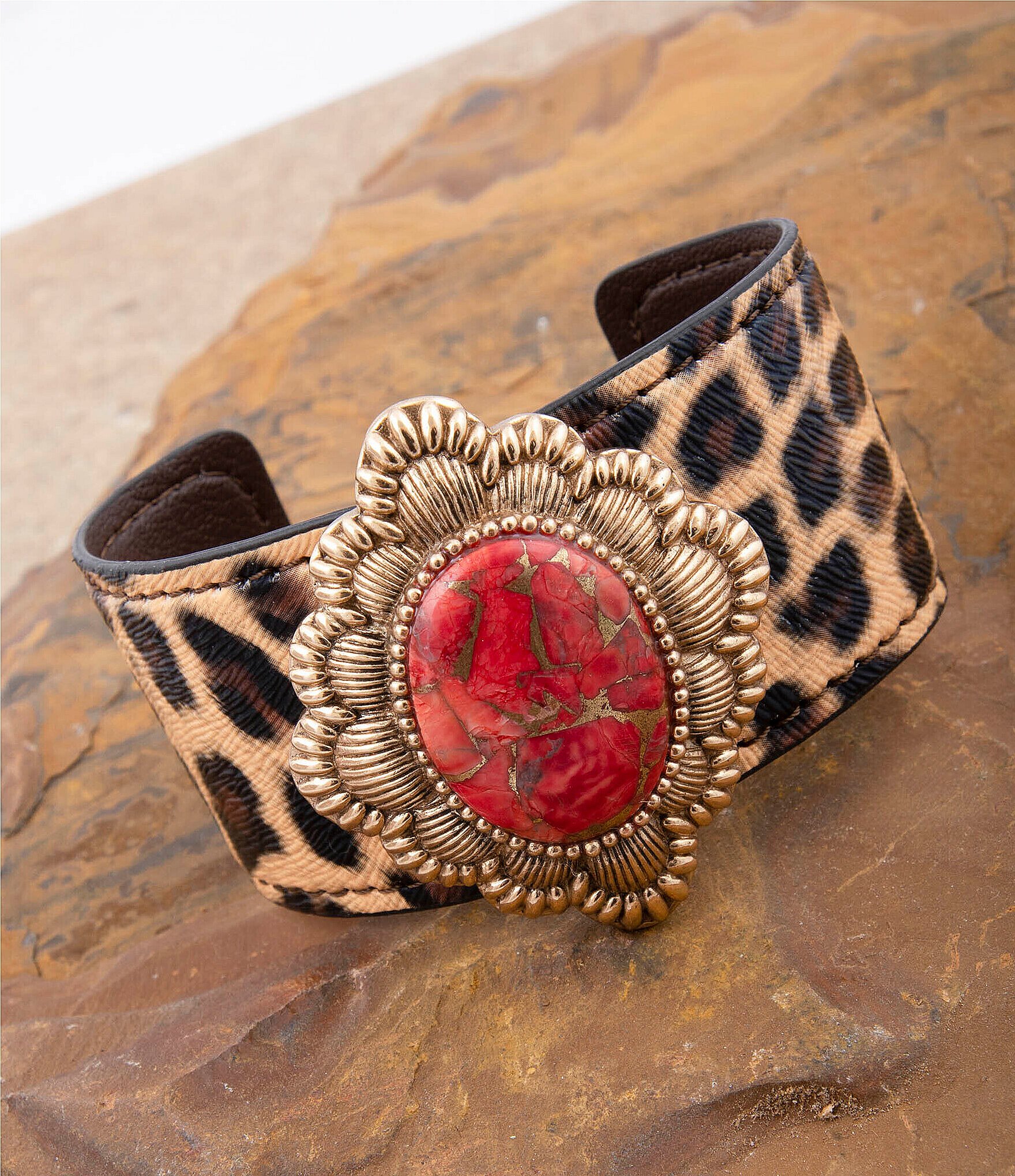 Barse Bronze and Metal Infused Red Magnesite Leopard Cuff Bracelet