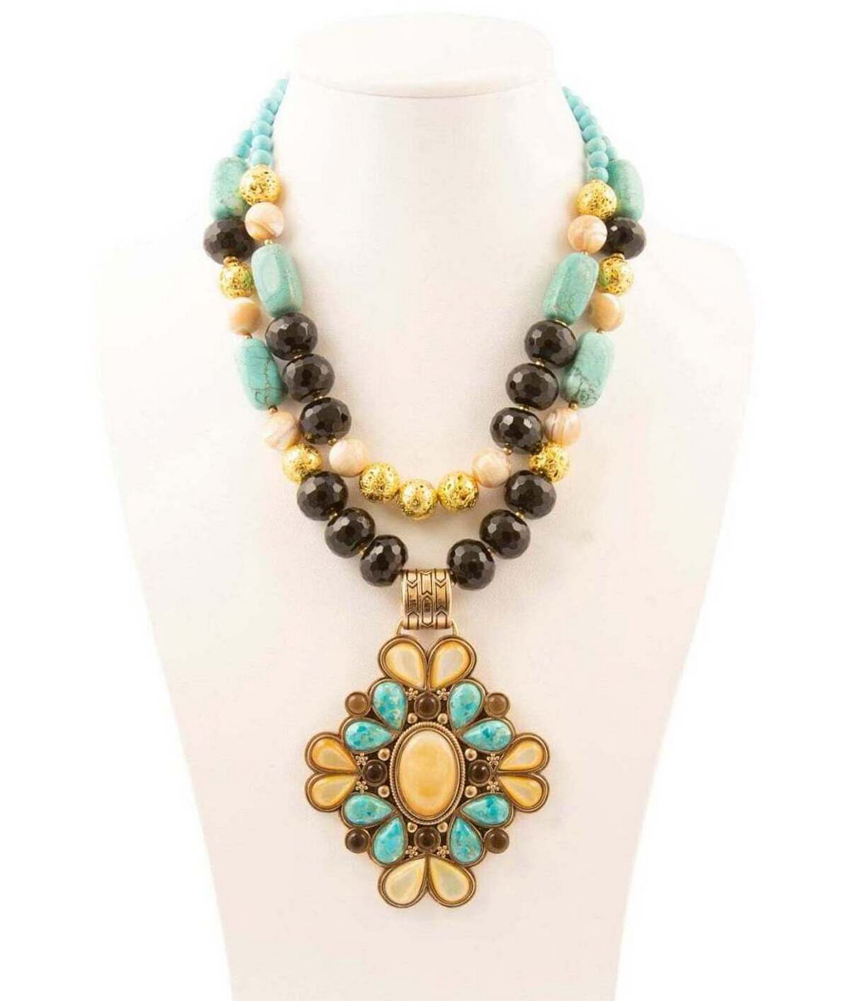 Barse Barcelona Turquoise and Mother of Pearl Layered Statement Pendant Necklace