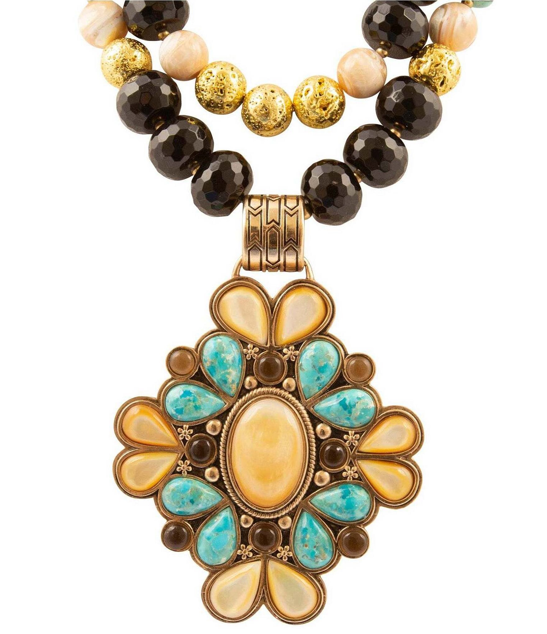 Barse Barcelona Turquoise and Mother of Pearl Layered Statement Pendant Necklace
