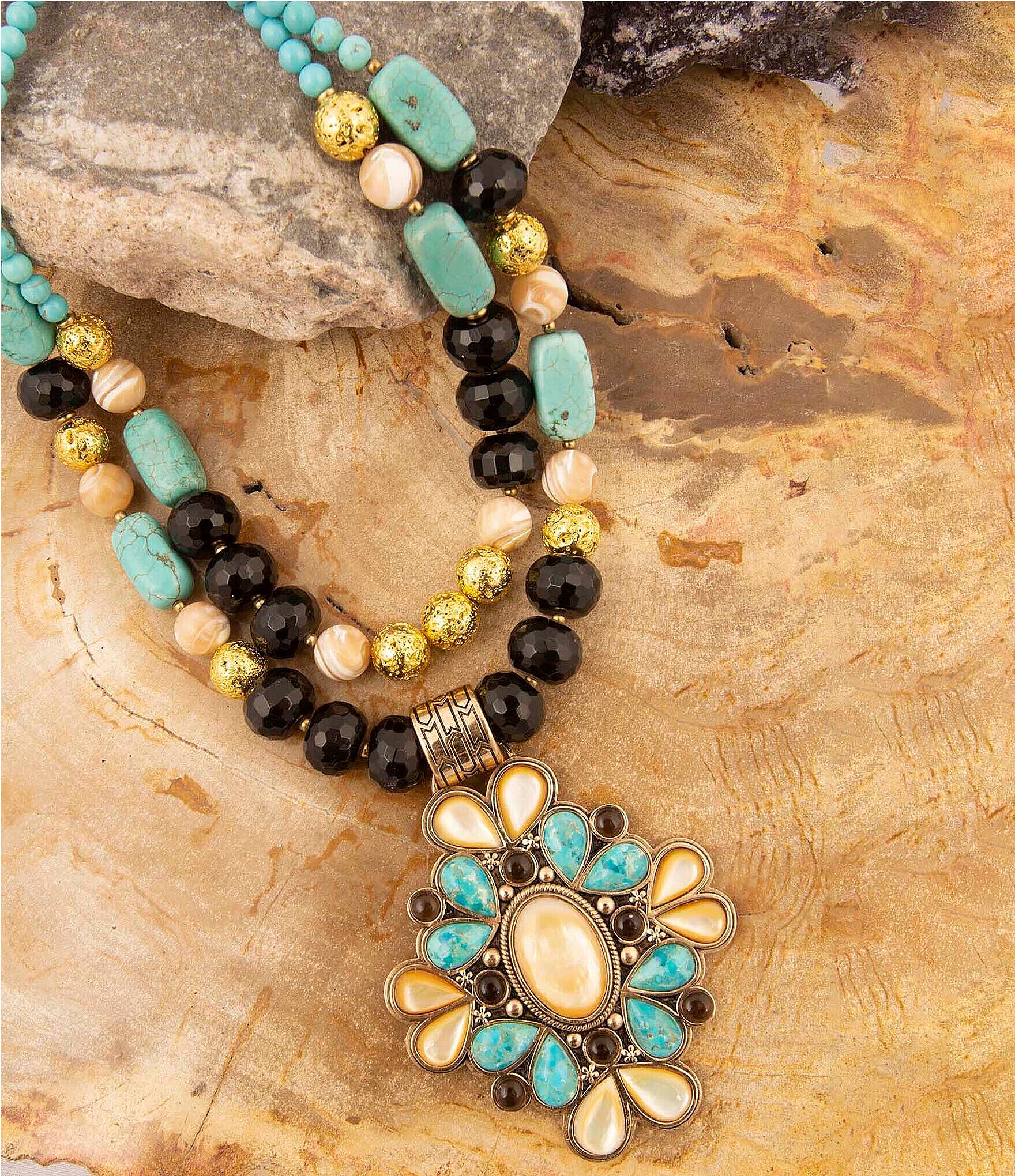 Barse Barcelona Turquoise and Mother of Pearl Layered Statement Pendant Necklace