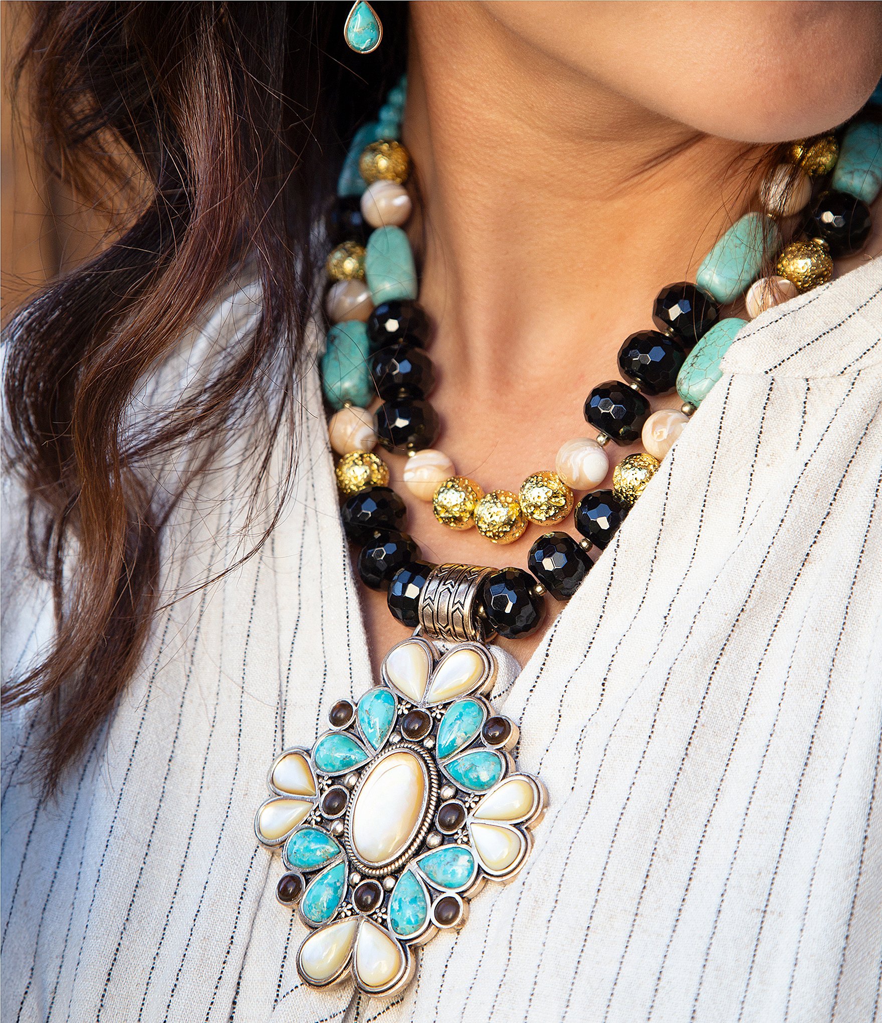 Barse Barcelona Turquoise and Caramel Mother of Pearl Golden Statement Pendant Necklace