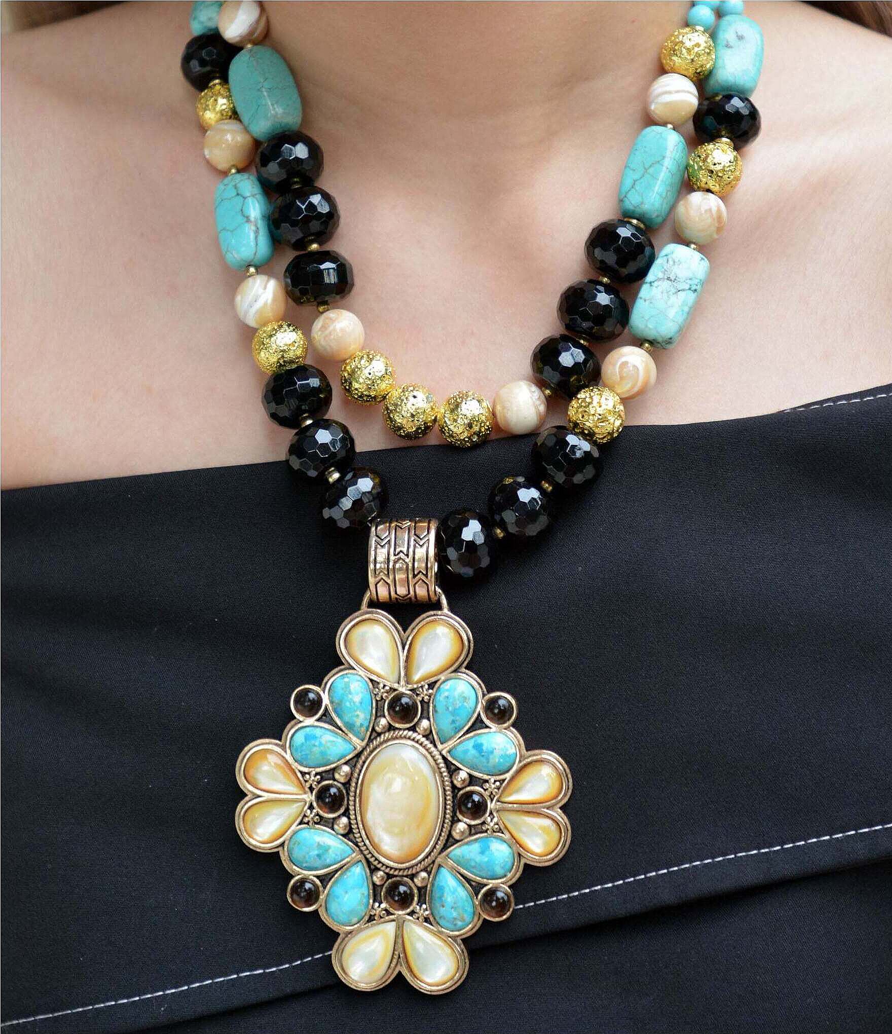Barse Barcelona Turquoise and Mother of Pearl Layered Statement Pendant Necklace